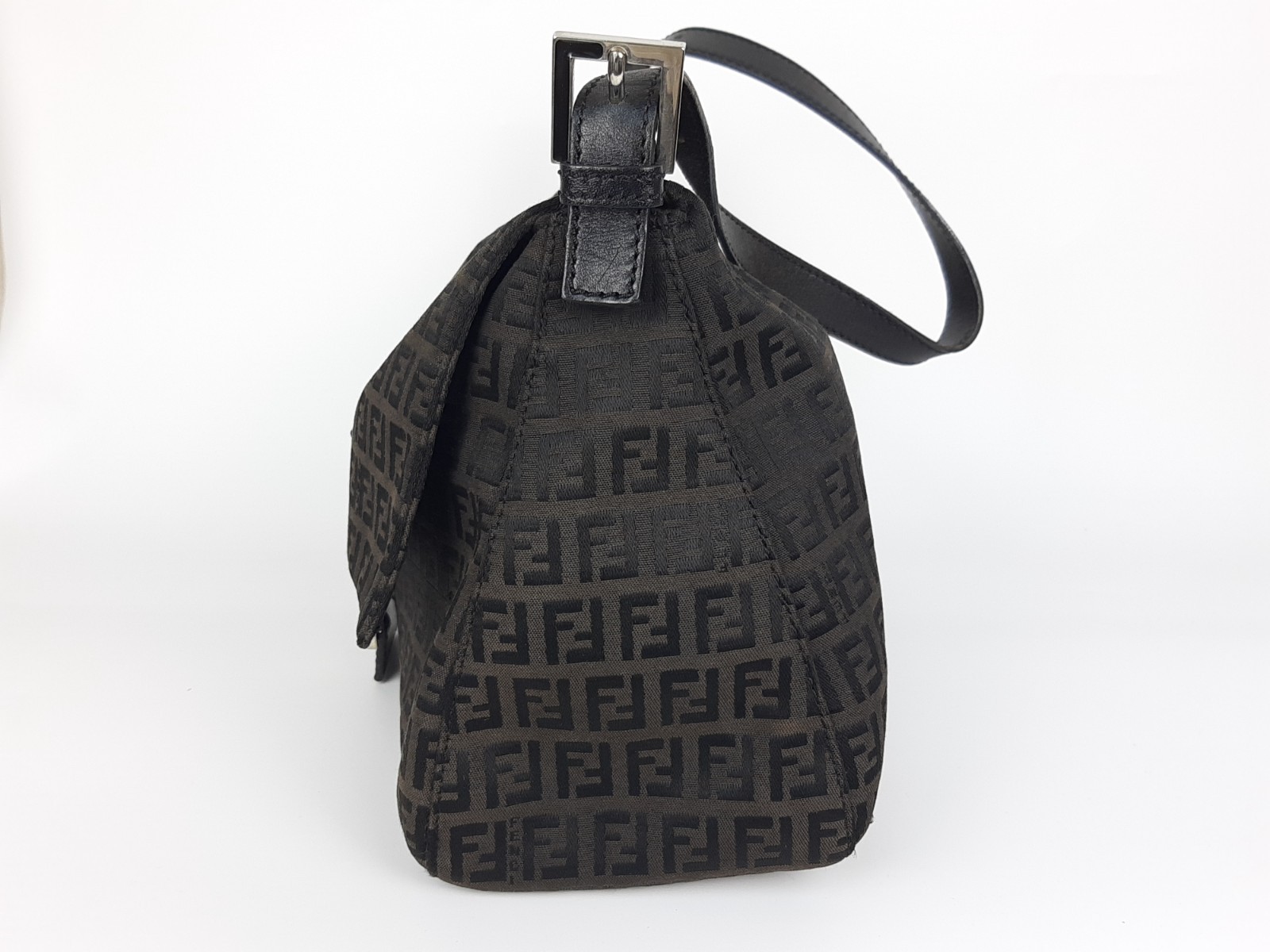 FENDI Mamma Baguette Zucchino One Shoulder Hand Bag Black Canvas Leather