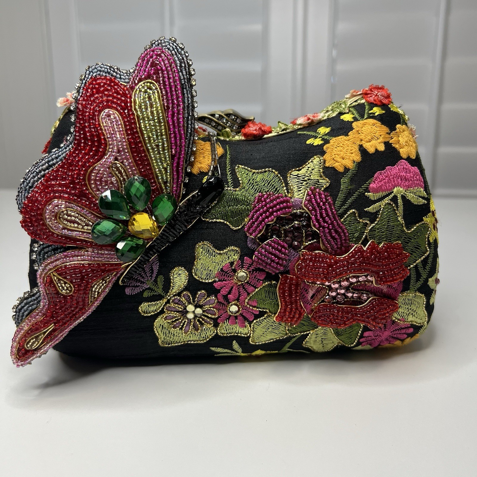 Mary Frances Butterfly Floral Beaded Embroidered Clutch Rhinestones, Chain Strap