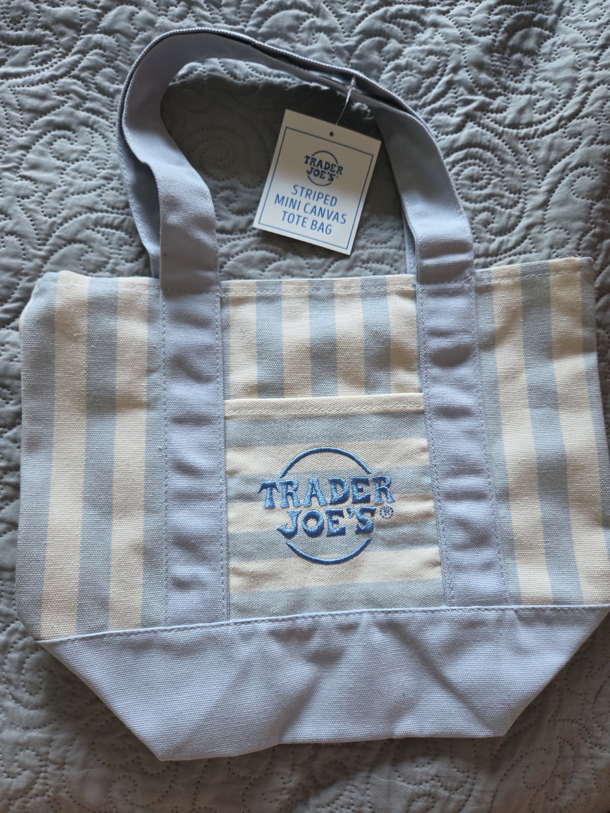 trader joes mini pastel canvas tote bag striped blue brand new with tags