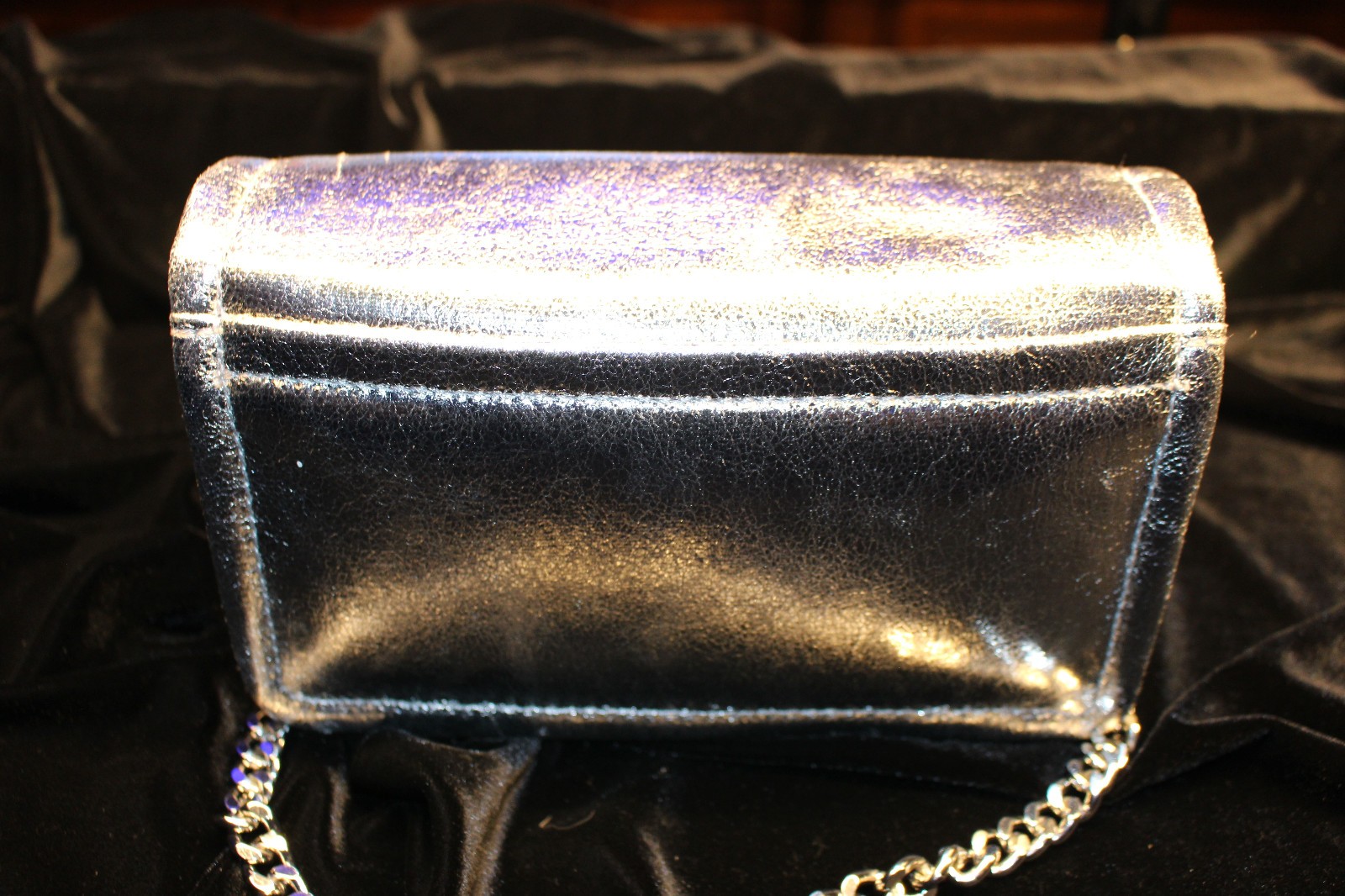 DKNY Silver Metallic Clutch Hand Bag with crossbody strap snap closure