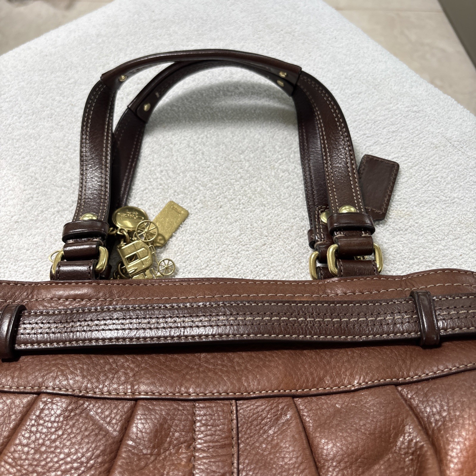 COACH Hamptons Leather Satchel Pleated Shoulder Bag Tobacco Brown Lg 12476 Rare