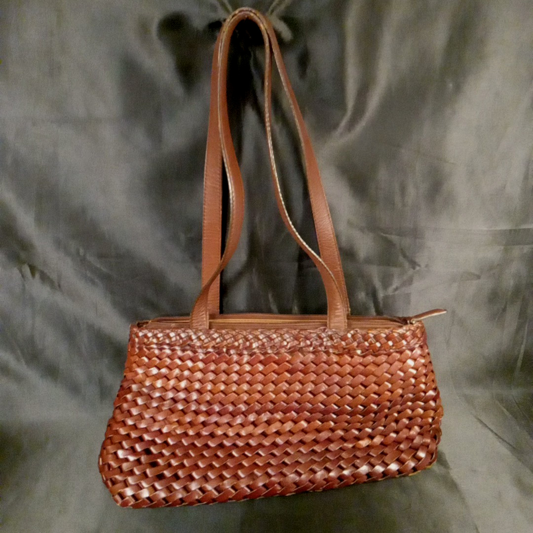 Vintage Fossil Brown Leather Basket Weave Shoulder Bag Purse Double Handle 90s