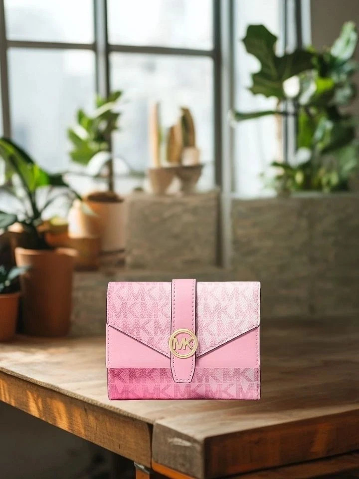 Michael Kors Greenwich Women Medium Ombré MK Logo Tri-Fold Wallet Carnation Pink