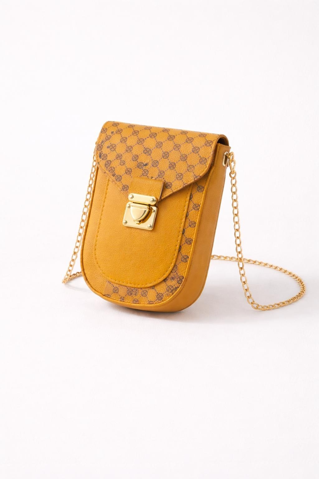 Women’s Mustard Yellow Mini Phone Crossbody Bag Gold Chain PU Leather Purse