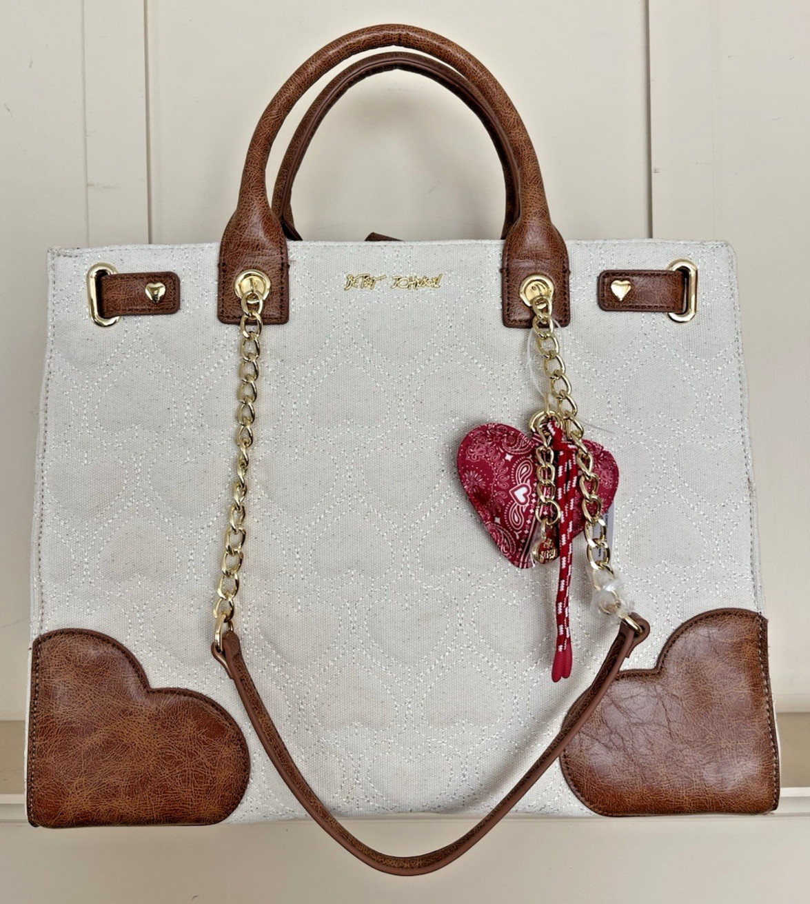 Betsey Johnson XOKIARA Quilted Heart Brown and Cream Canvas Purse/Tote-NWT