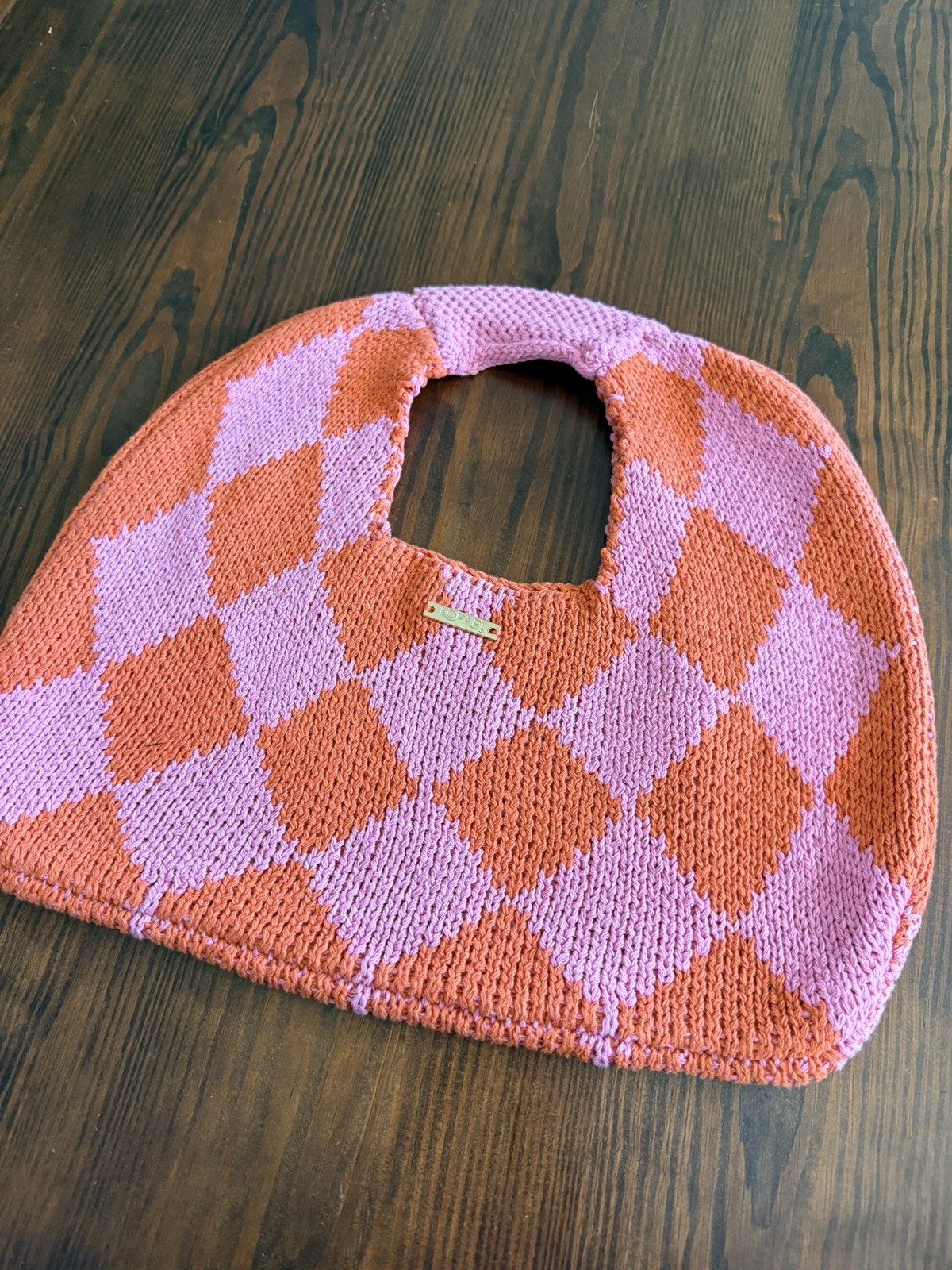 Kopari Knit Bag Orange Pink Argyle Handbag Festival Boho Beach