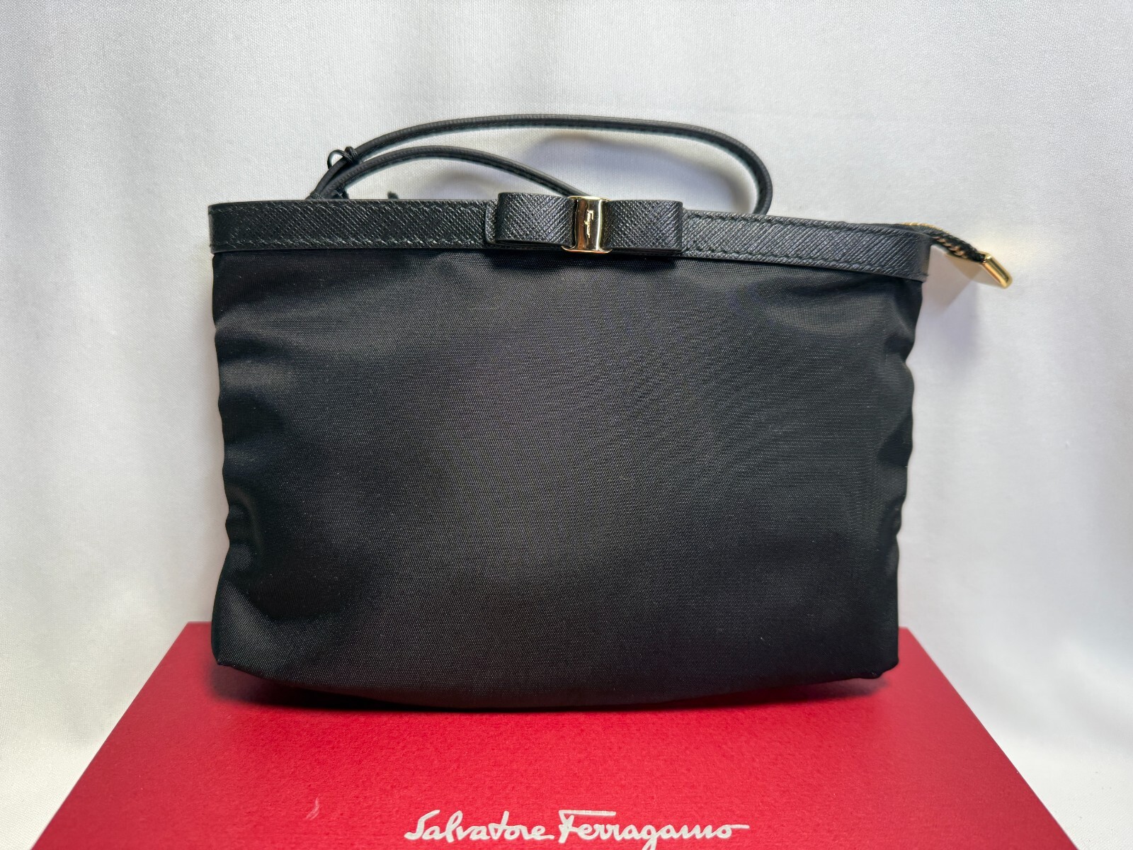 NEW Salvatore Ferragamo Vara Bow Black Nylon Wristlet Clutch