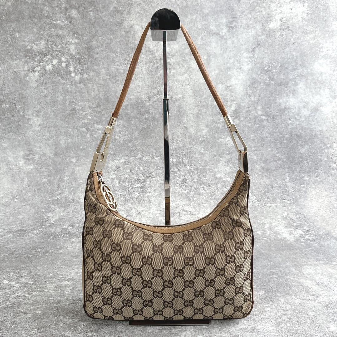 Gucci GG Canvas Leather Shoulder Bag Brown Beige Gold Hardware Auth