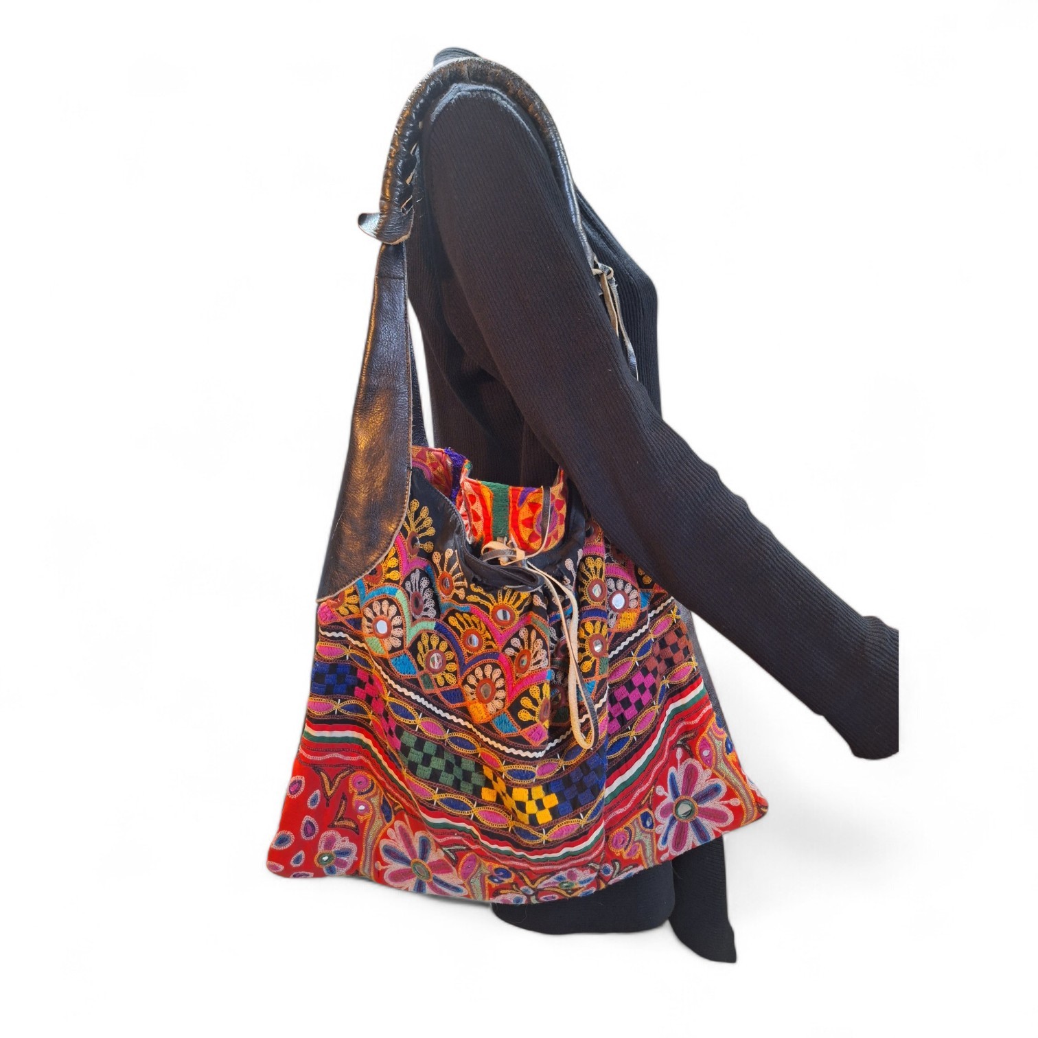 RARE Foley & Corinna Boho Embroidered Genuine Leather Bucket Bag Large Festival