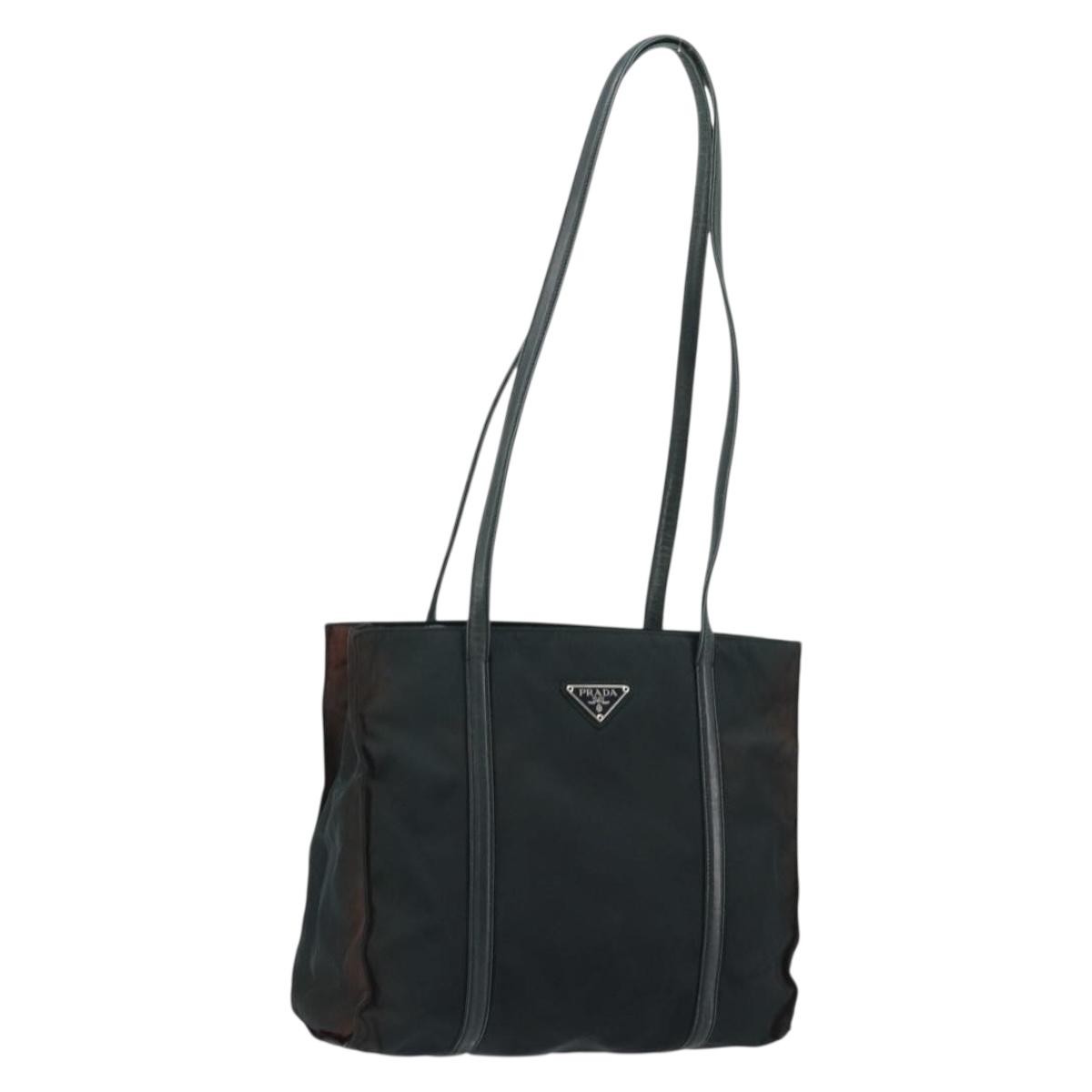 PRADA Tote Bag Nylon Leather Black Silver Auth bs31865