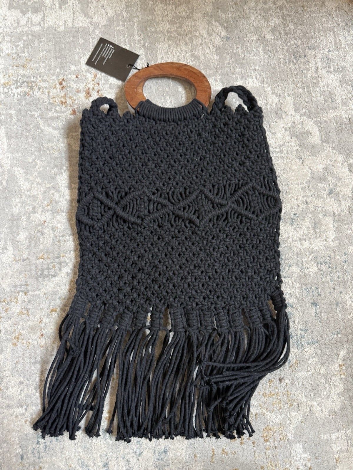 Danielle Nicole Black Macrame Woven Shoulder Bag Wood Handle Fringe with Tags
