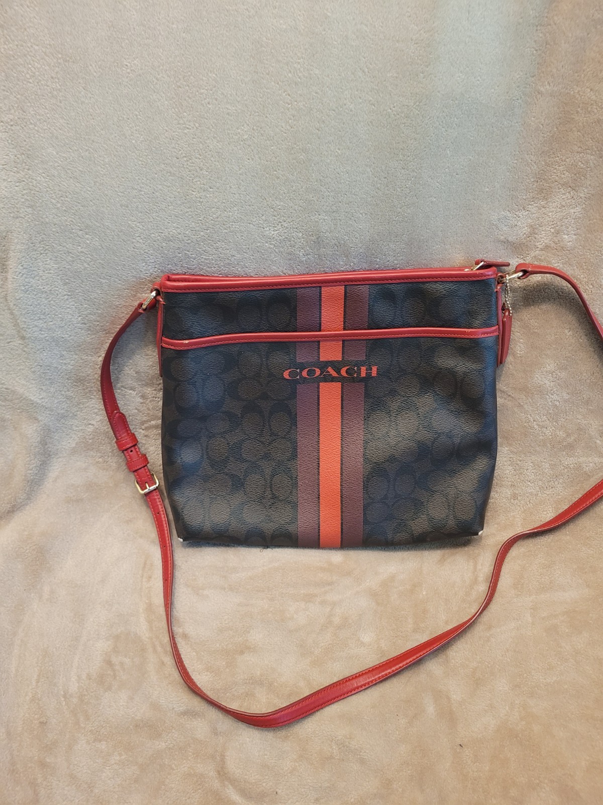 Coach • Signature Varsity Stripe File • Crossbody Bag • Red/Dark Brown •F38402✅