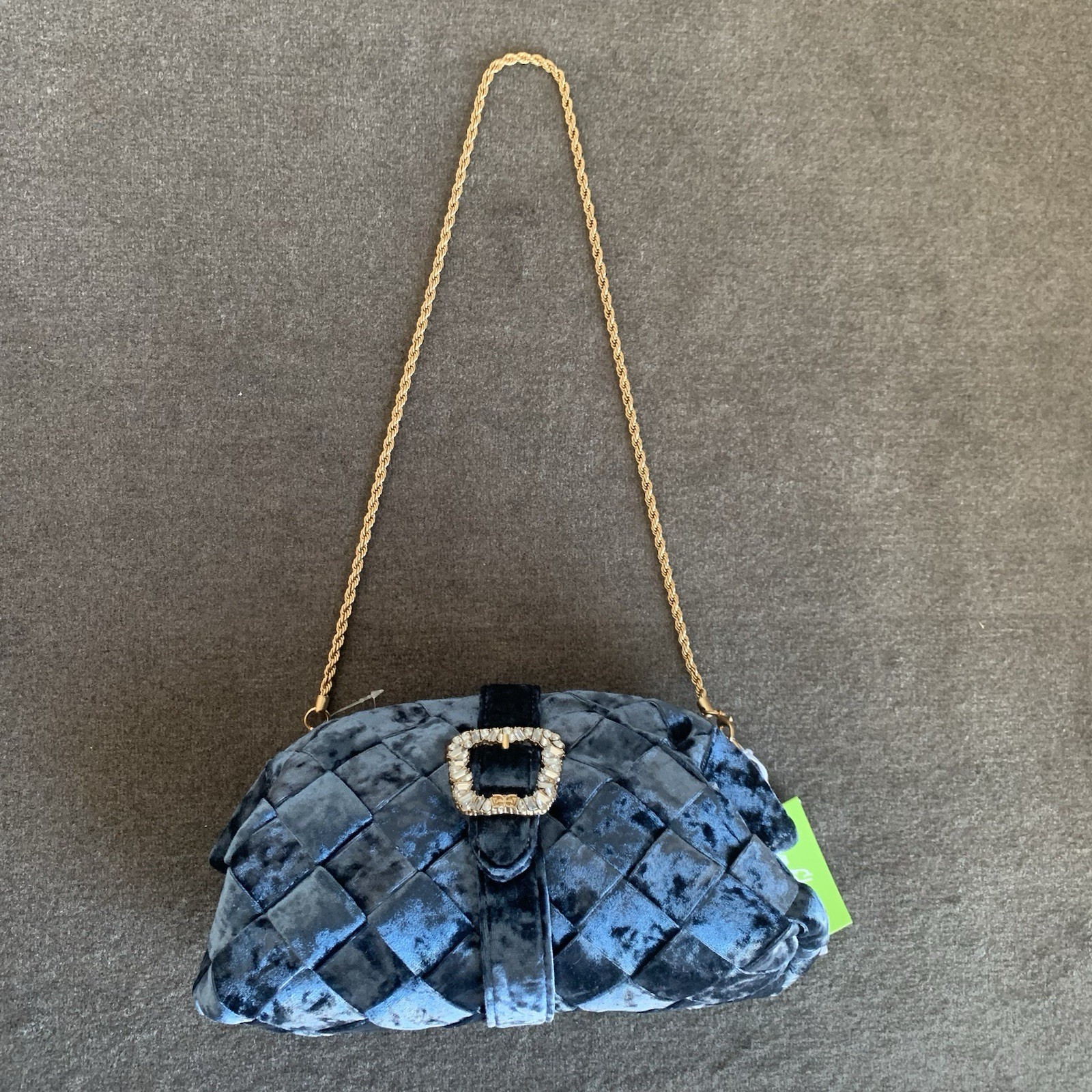 Sam Edelman Brit Frame Clutch Bag Velvet Shoulder Blue Jeweled Chain Strap