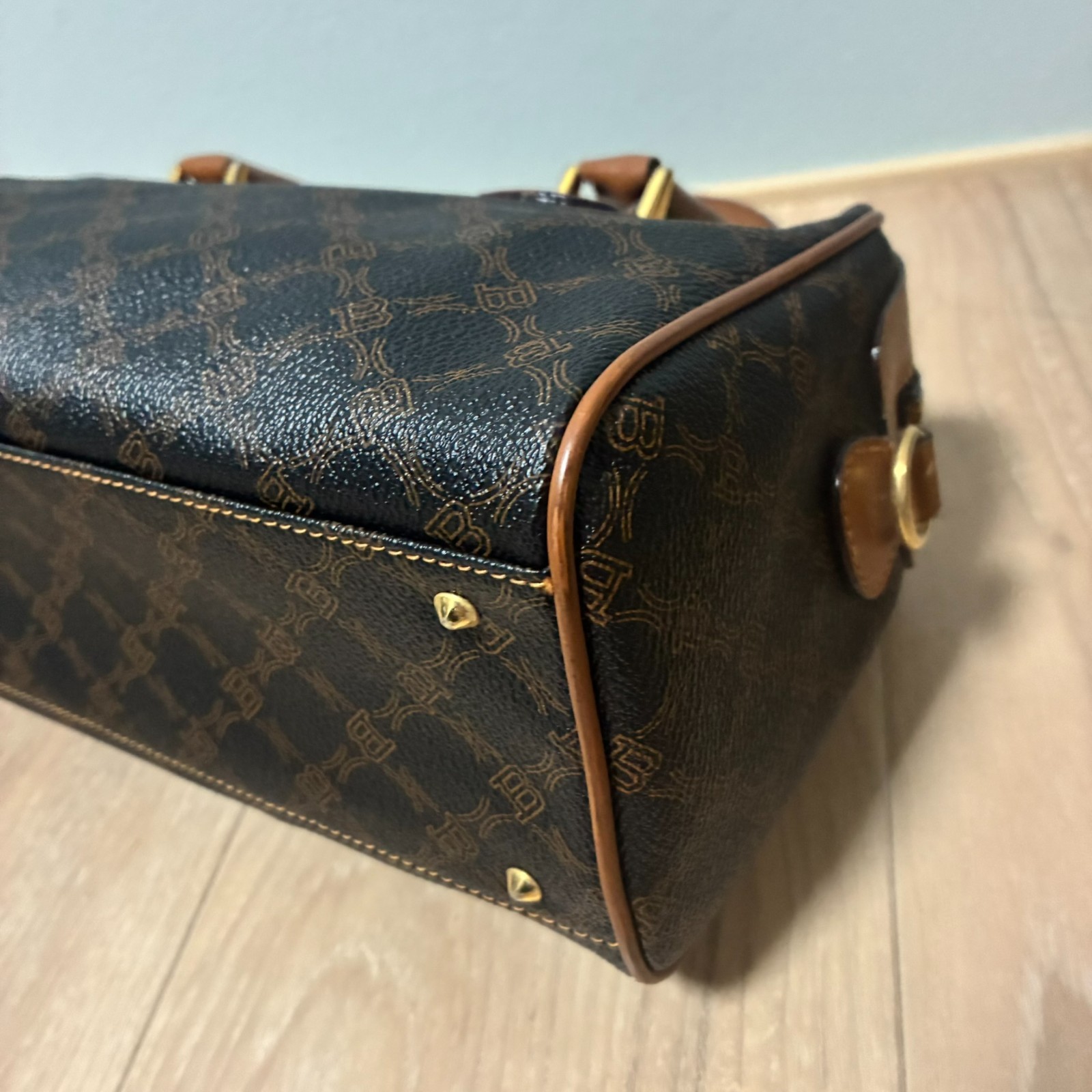 Y2K BALLY Monogram B Pattern 2way Mini Boston Handbag Gold Hardware Made in Ital