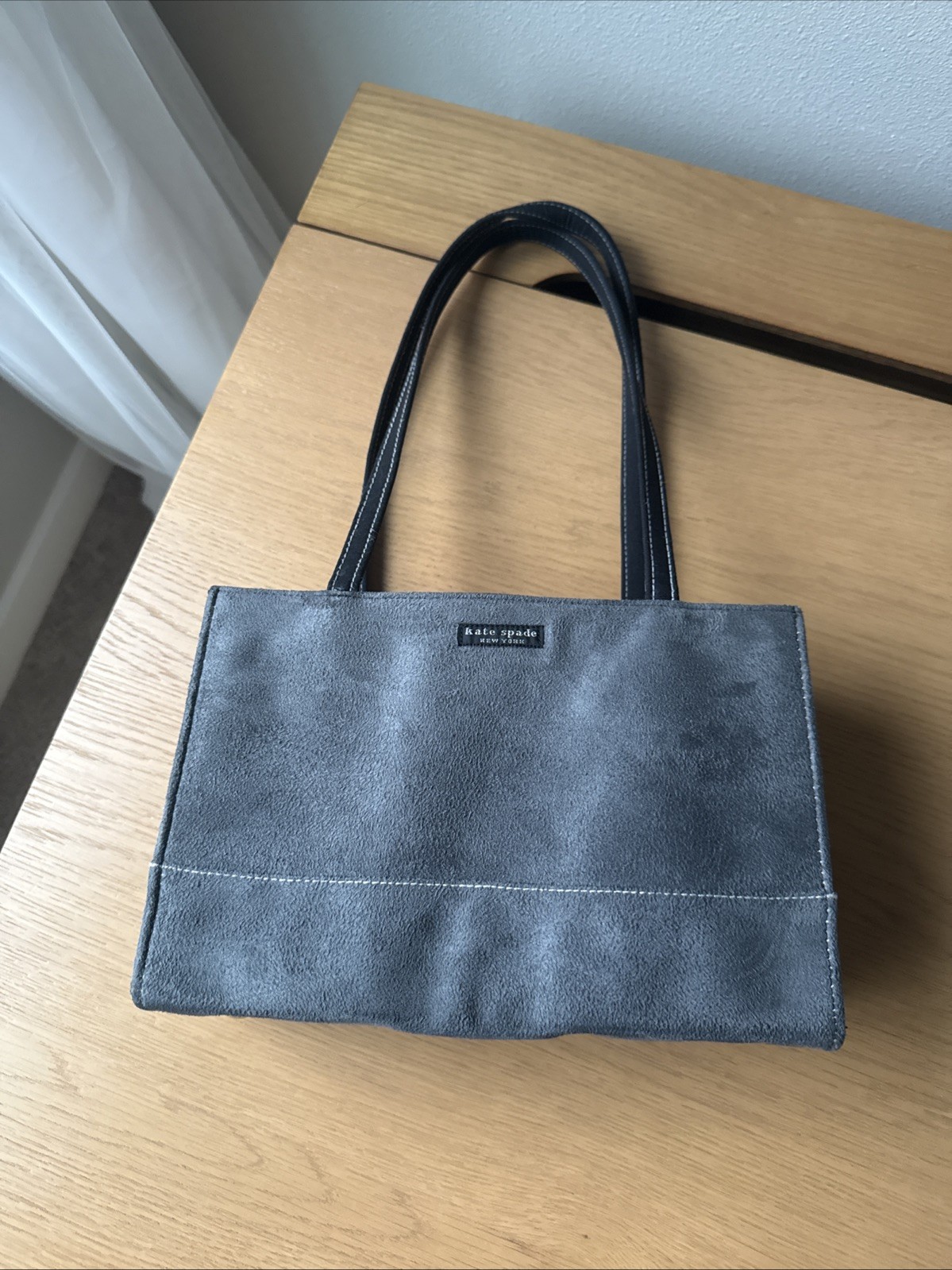 Kate Spade New York Gray Suede Mini Tote Bag Black Webbing Strap Snap Closure