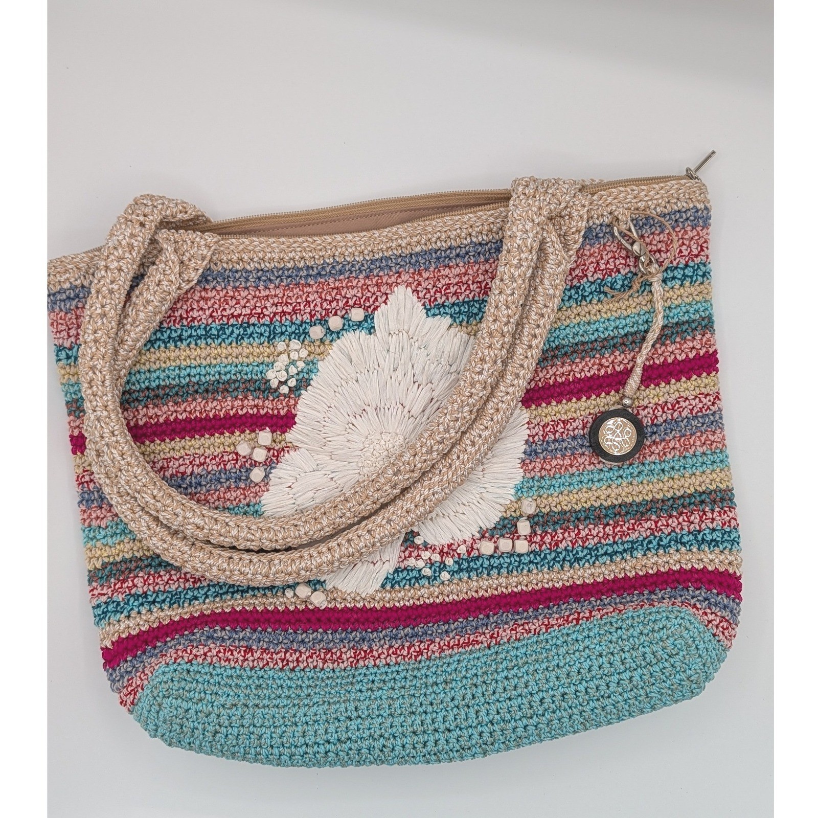 The Sak Crochet Tote Bag Multi Color Striped Floral Bead Boho Shoulder Bag Large