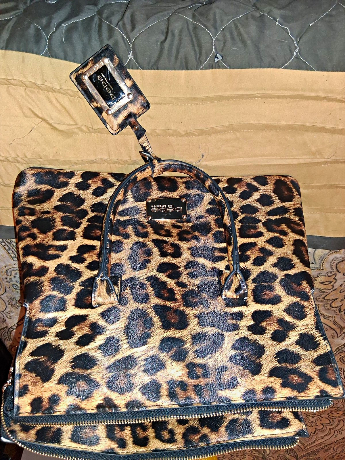 bebe Leopard Print Tote Bag Zip Top Double Handles Bag Charm Brown/Black