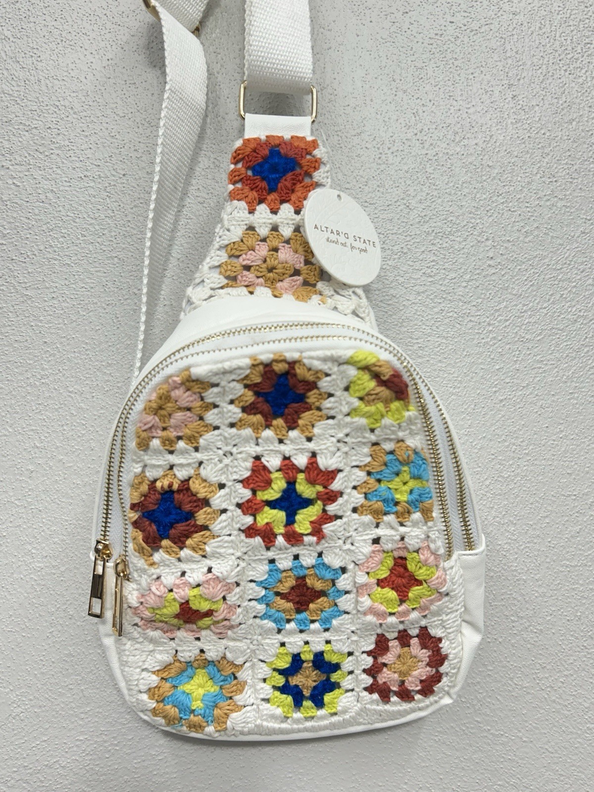 Altar’d State Crochet Granny Square Crossbody Bag Purse Faux Leather Boho