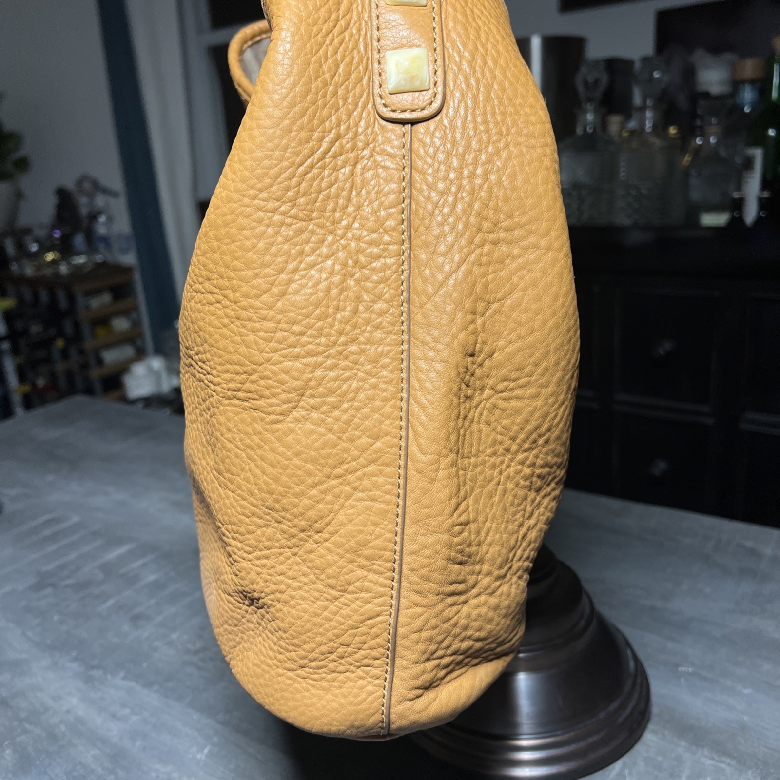 J.Crew Cognac Pebbled Leather Hobo Tote Bag Faux Horn Resin Handle Slouchy Boho