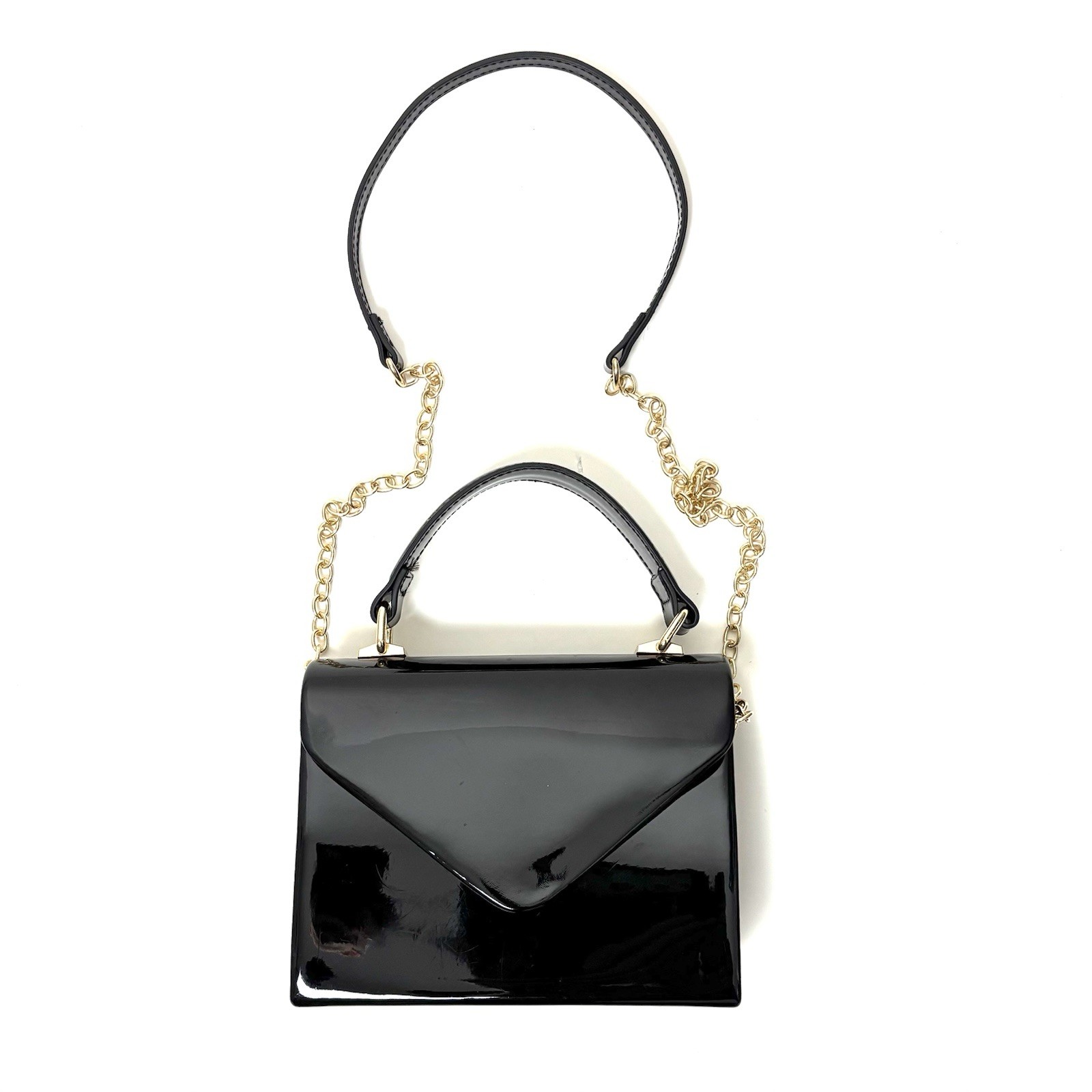 3am Forever Black Patent Handbag Removable Shoulder Strap Gold Chain Satin Lined