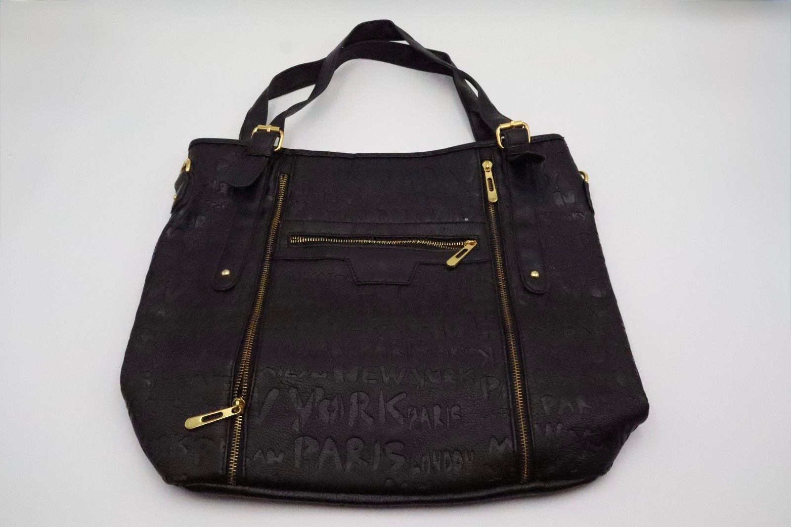 Black Embossed City Names Tote Shoulder Bag Gold Tone Zippers Handbag