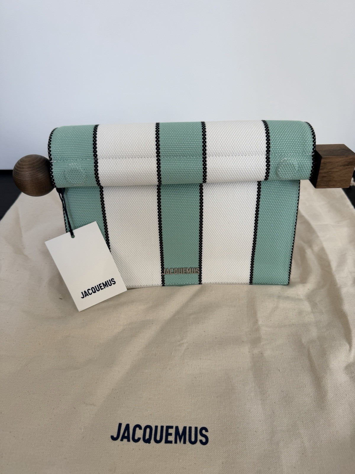 Jacquemus The Rond Carre Clutch – Mint/White Stripe, Leather Trimmed, NWT