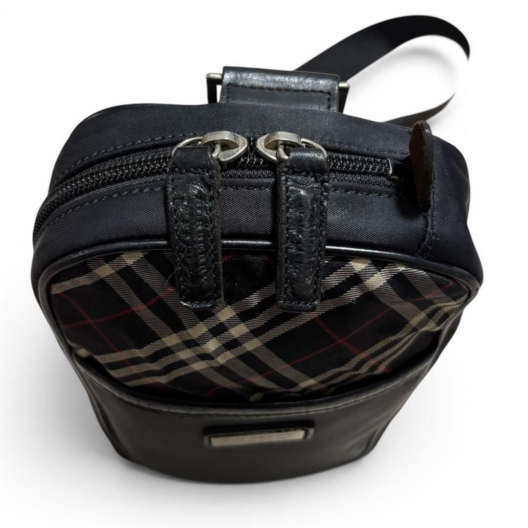 Burberry Black Label Plaid Leather Fabric Body Bag Logo Plate Black Auth