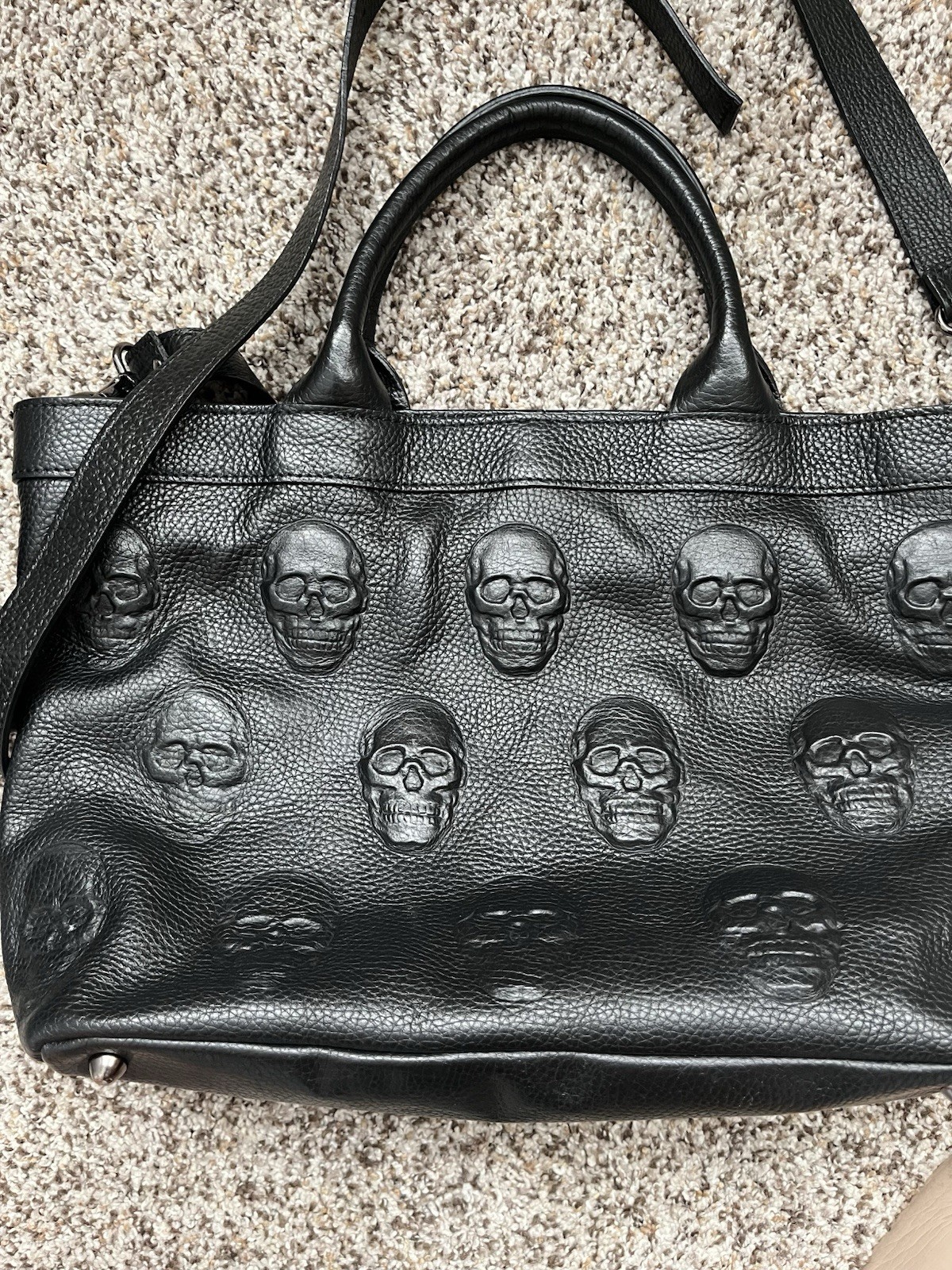 IÓ Pelle Black Leather Embossed 3D Skulls Crossbody Bag