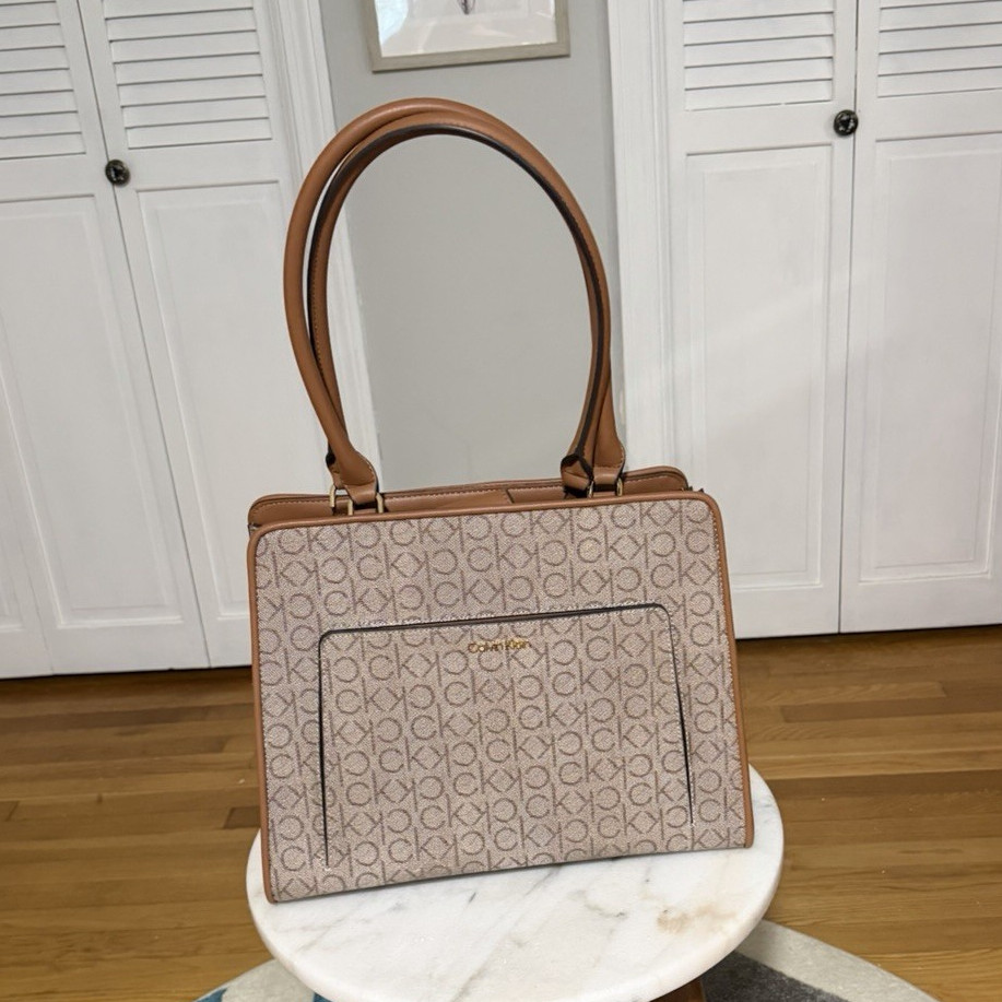 Calvin Klein CK Logo Satchel Top Handle Zip w/ Detachable Strap Brown Beige
