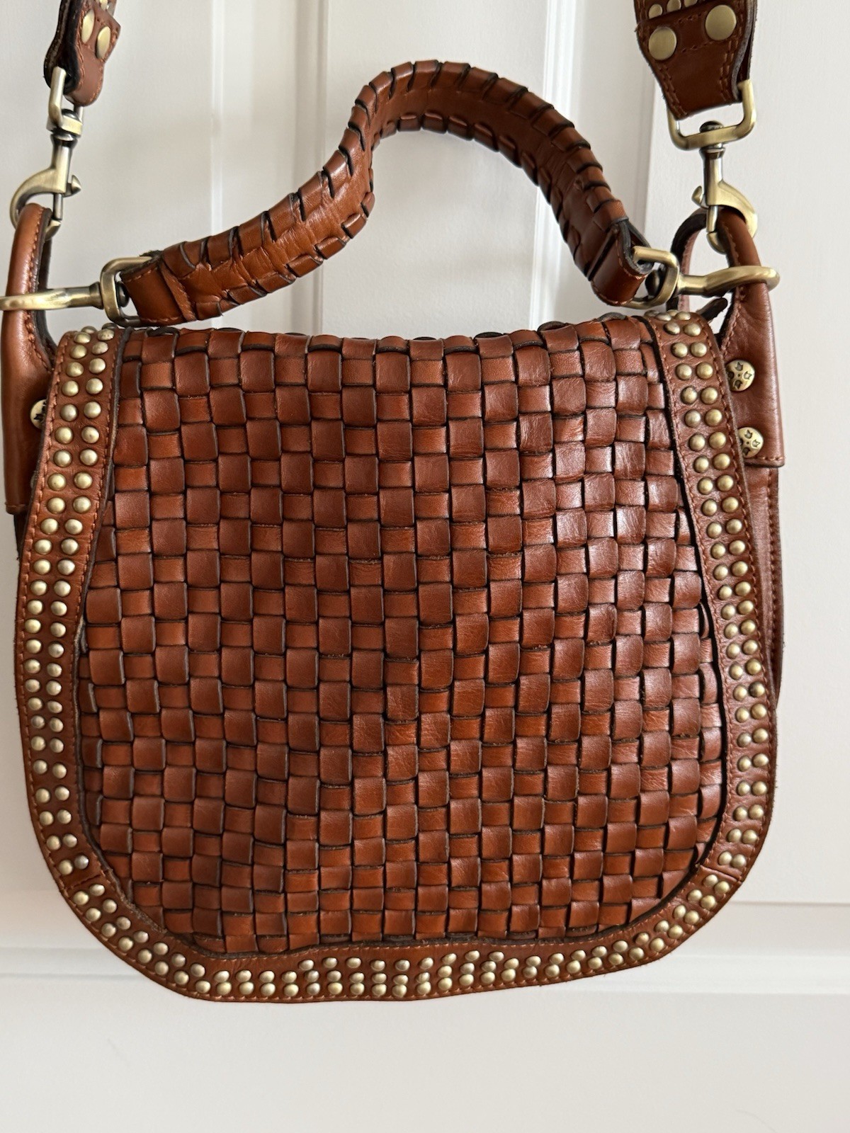 Patricia Nash Discovery Acerra Woven Leather Crossbody Bag Tan Limited Edition