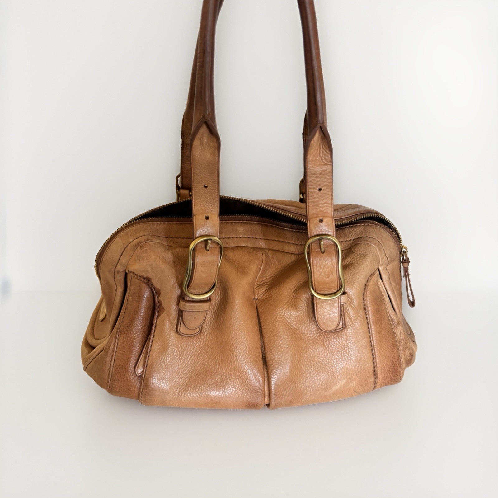 TUMI Brown Medium Satchel Top Handle Double Handles Zip, Strap, Pockets Gold