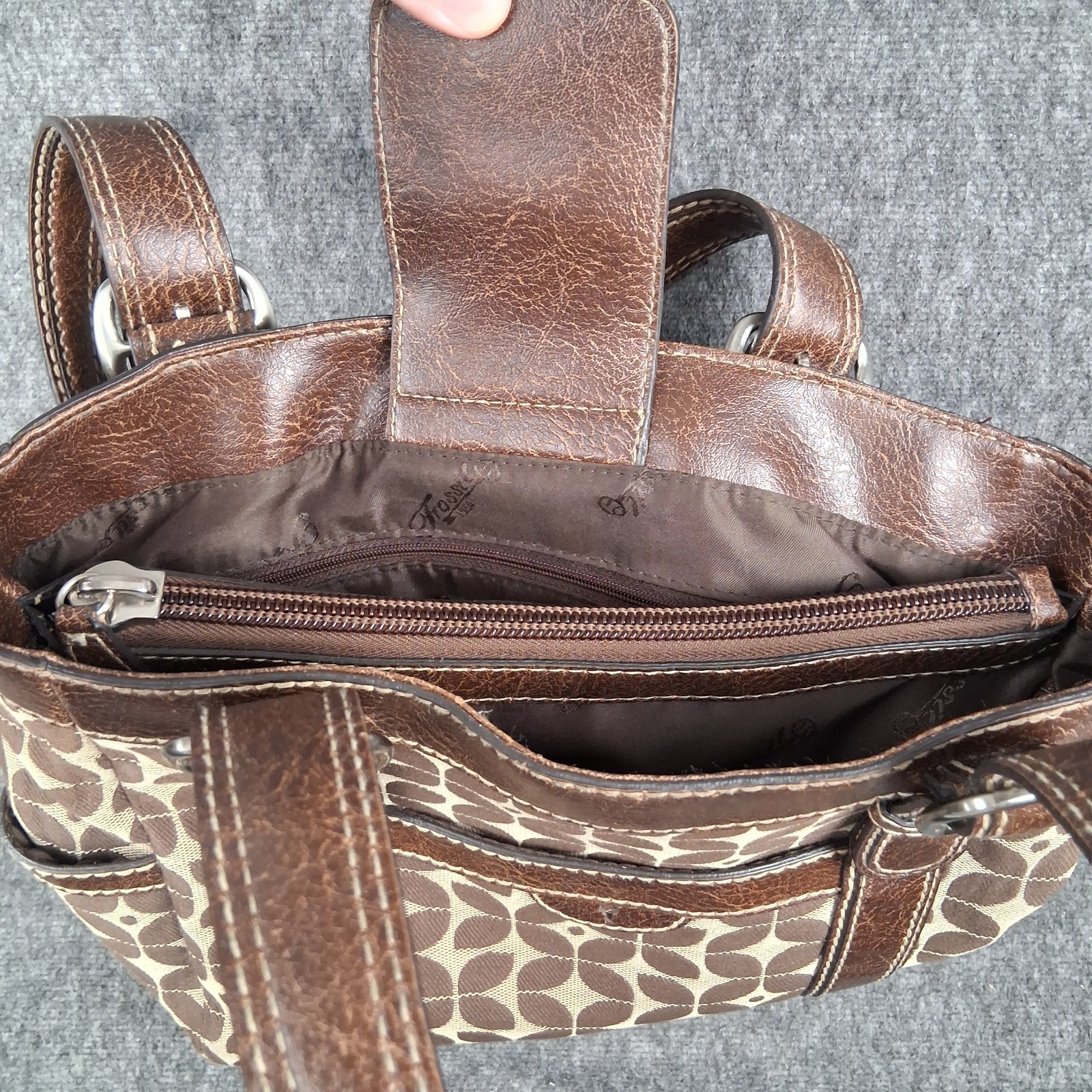 Fossil Signature Brown Fabric Leather Shoulder Handbag Satchel Bag Purse No Key