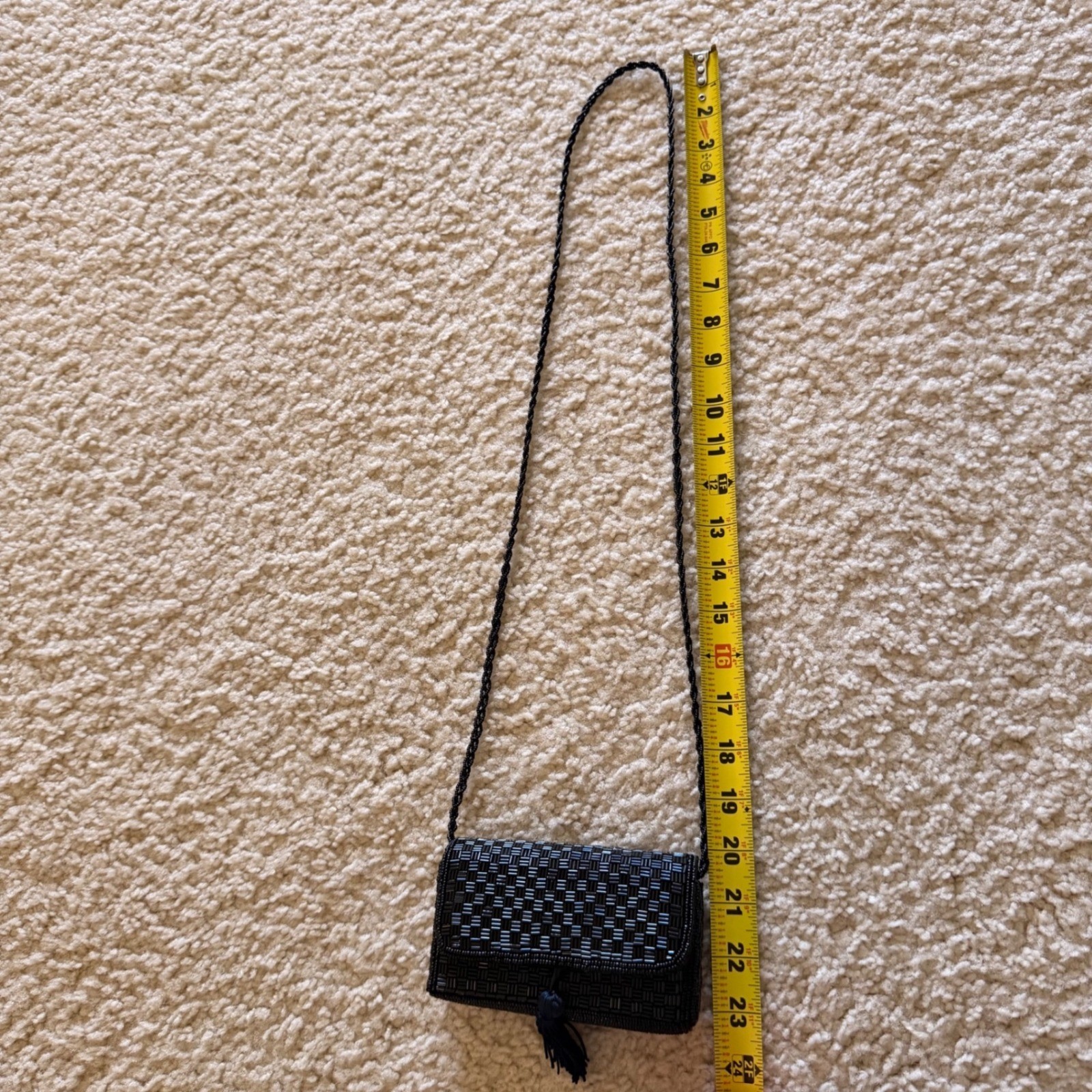 Handmade Vintage Black Beaded Tassel Crossbody Evening Bag Basketweave Clutch