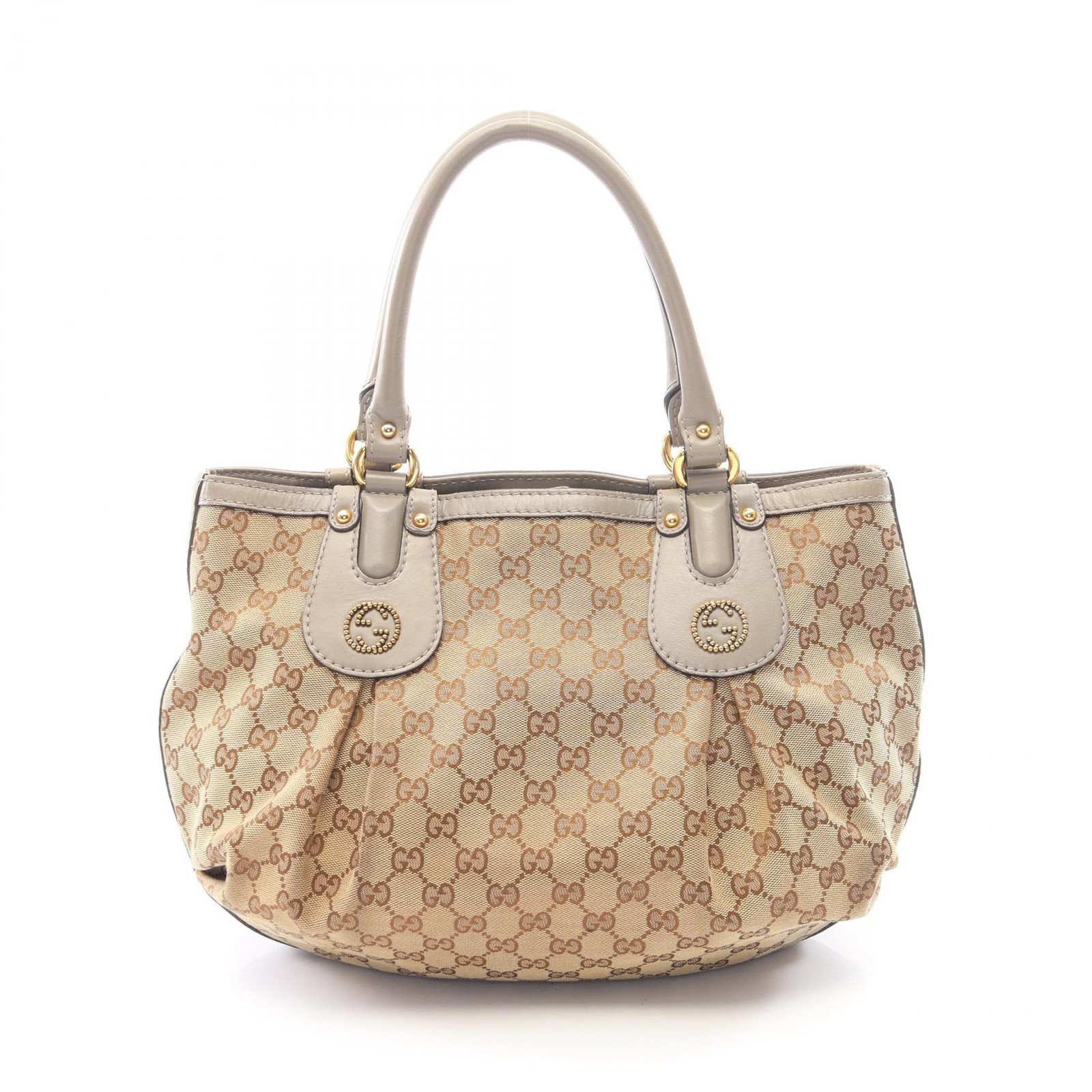 GUCCI Scarl GG Canvas Tote Bag Beige Gray Leather 40cm x 28cm x 15cm Used