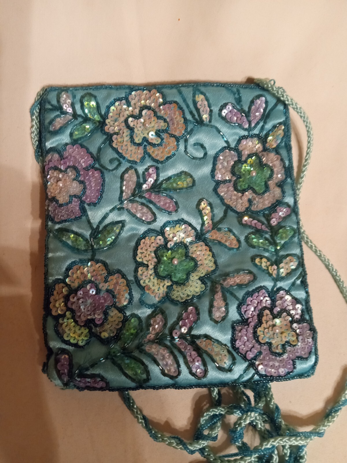 Teal Blue Beaded “Ingrapel” Purse – Sequin Flowers & Beads