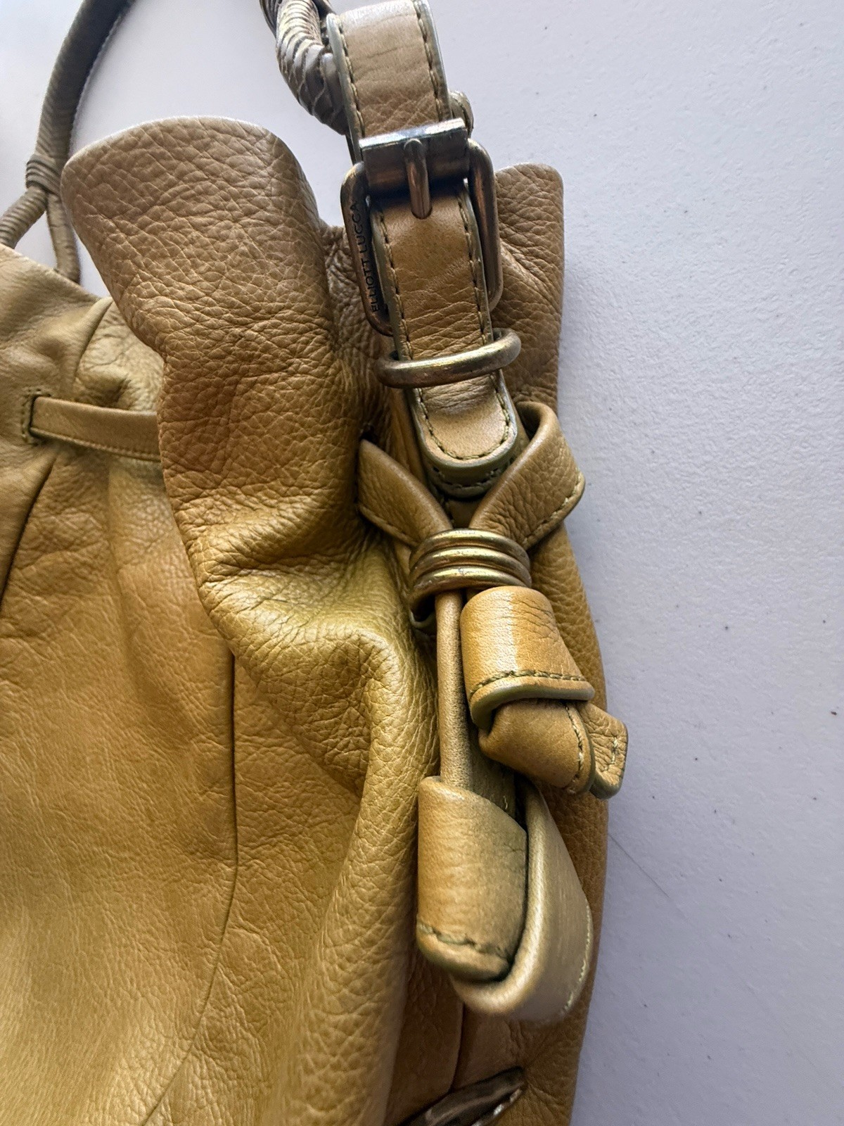 Elliott Lucca Olive Pebbled Soft Leather Hobo Shoulder Bag Woven Handle Boho