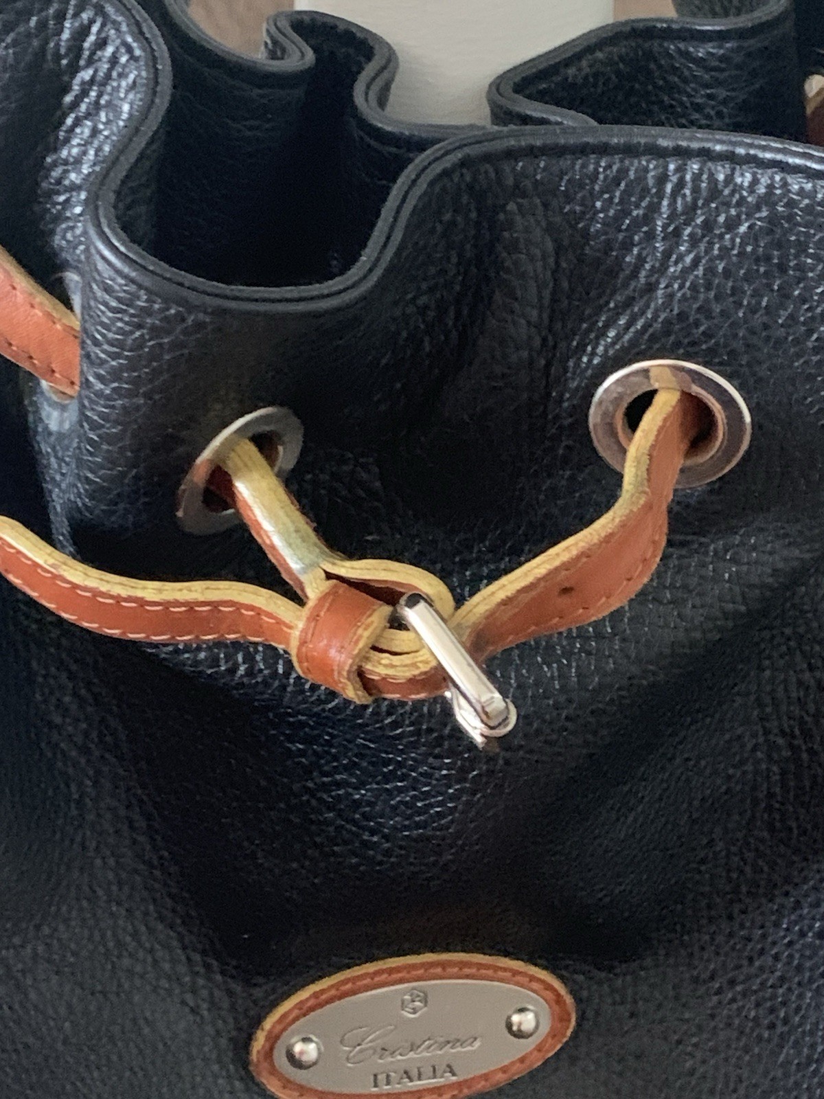 Black Leather Bucket Shoulder Bag 13x12x4” Cristina Italia Tan Accents