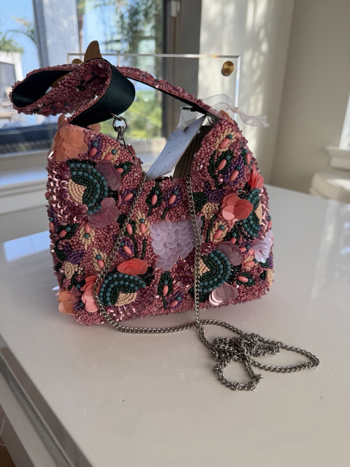 Handcrafted in India Beaded Shoulder Bag Women’s Pink Floral Embellished Sequins
