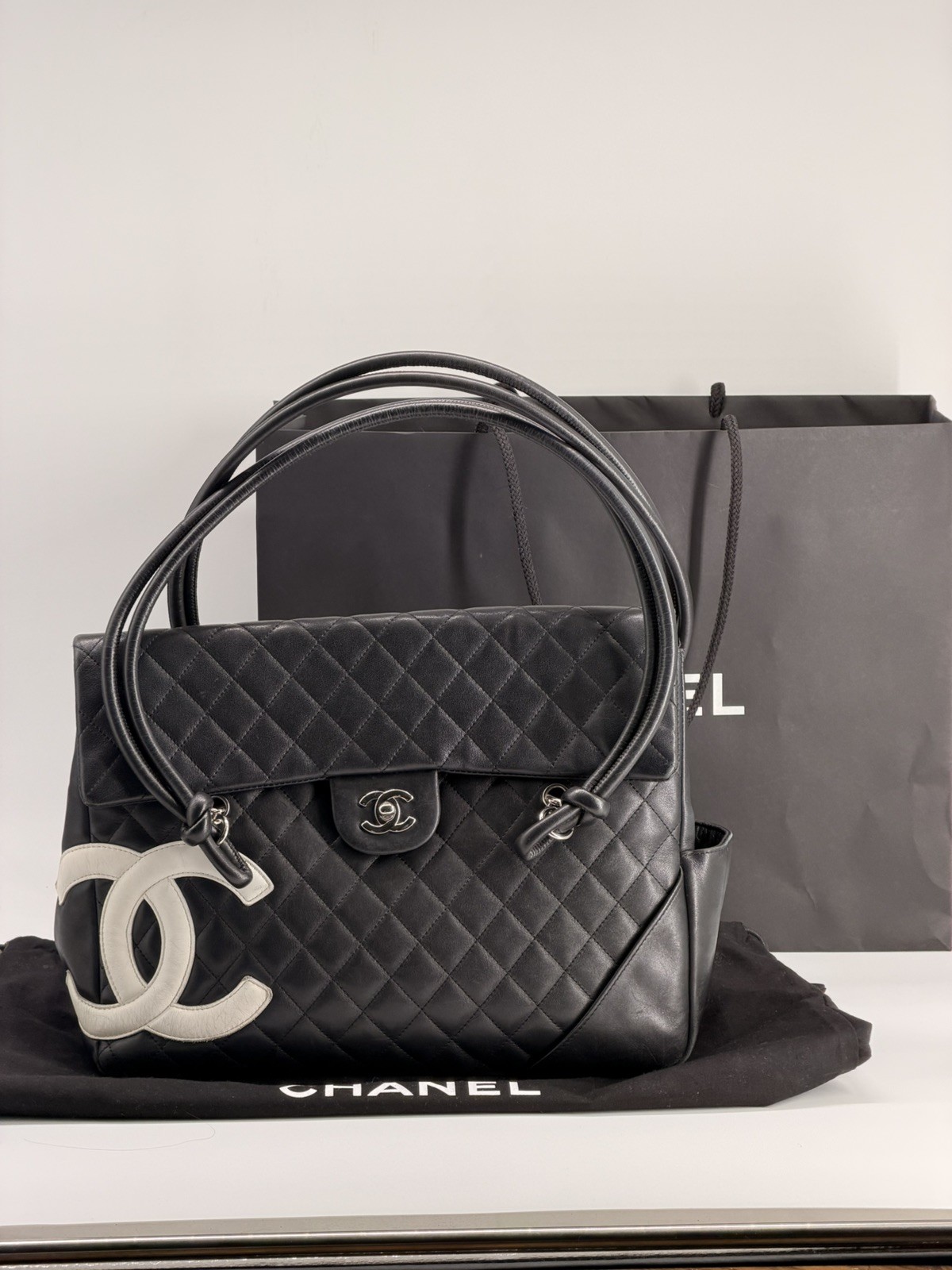 CHANEL Cambon Lambskin Flap Large Black Bag