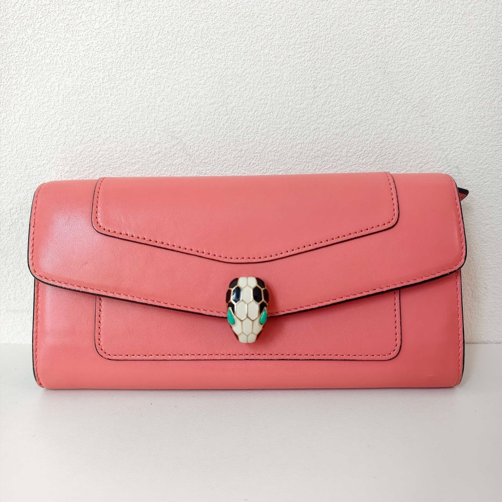 BVLGARI Serpenti Forever smooth calfskin leather coral pink long flap wallet