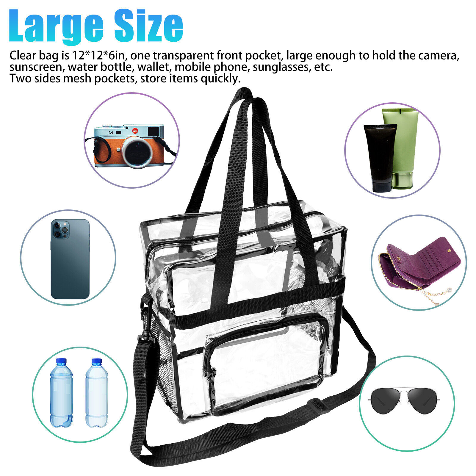 Clear PVC Tote Pack Bag Handbag Zip Purse Stadium Transparent Security Approved