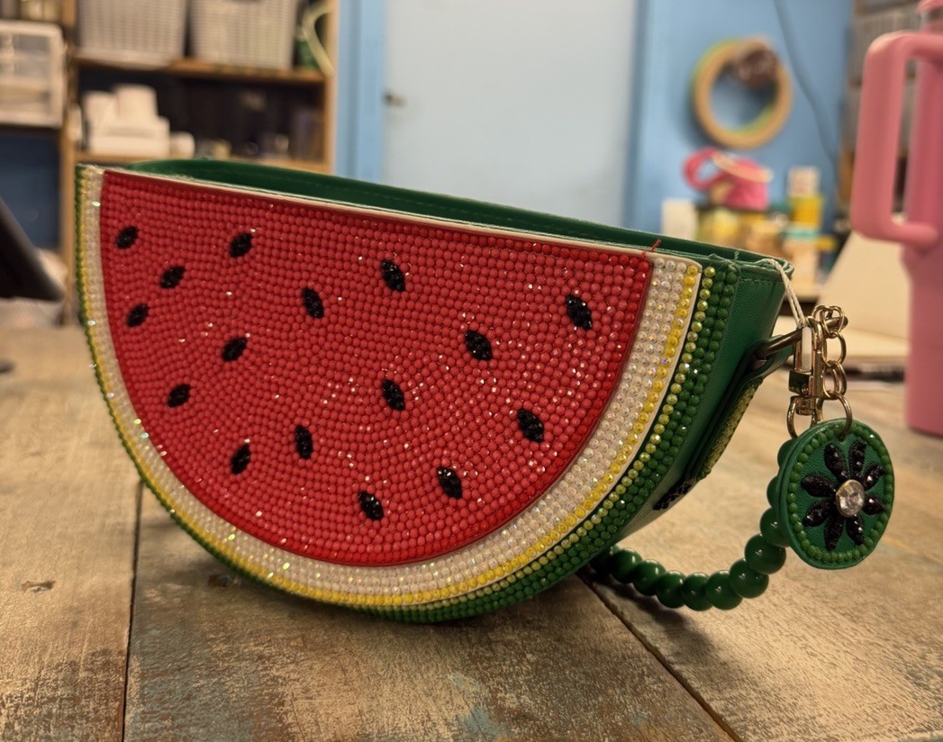 J9 Bedazzles Custom Hand-Bedazzled Watermelon Slice Handheld Purse /Crossbody