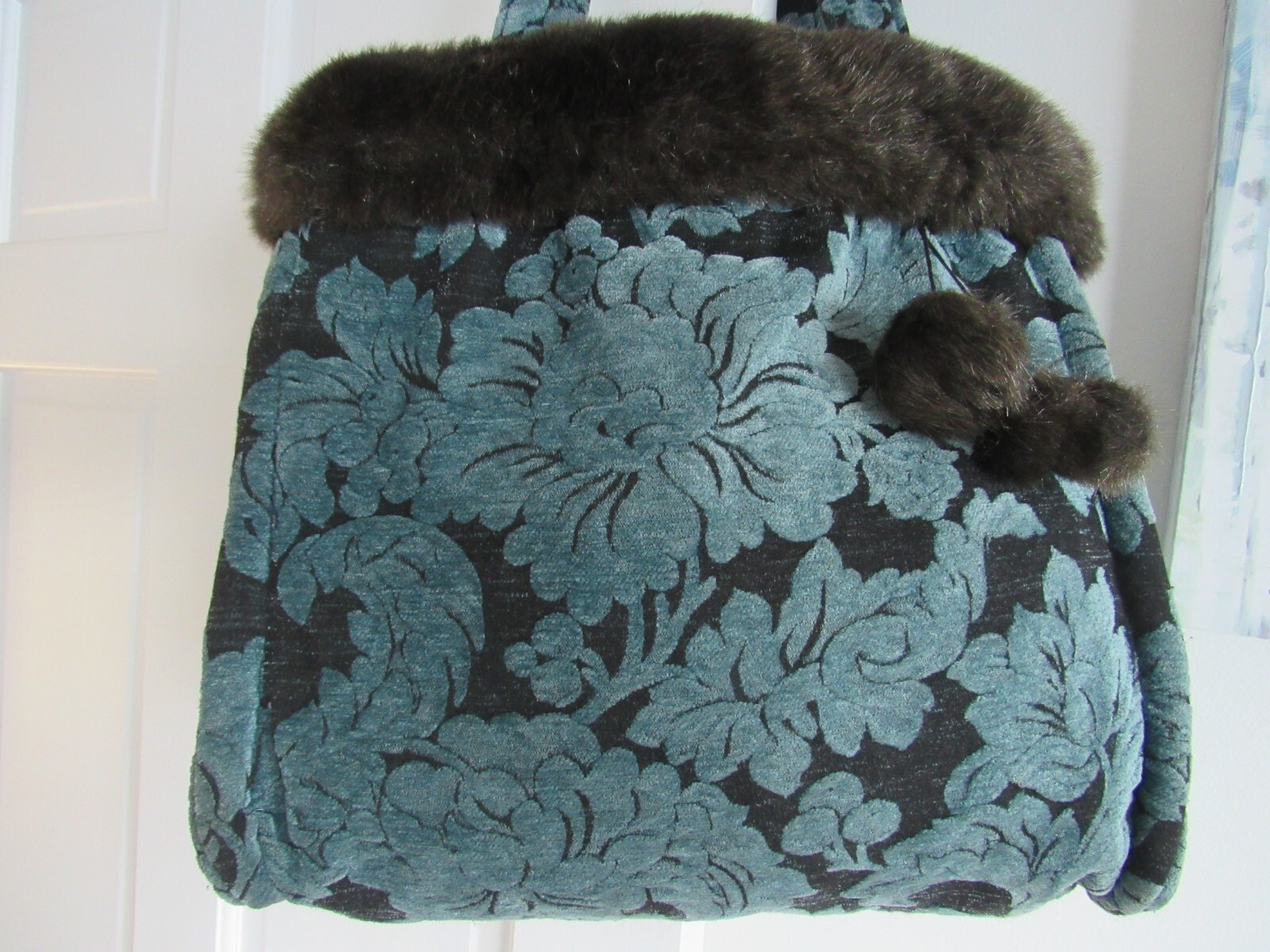 Vintage Handmade Thick Brocade Fabric Blue Flowers Faux Fur Handbag Shoulder Bag