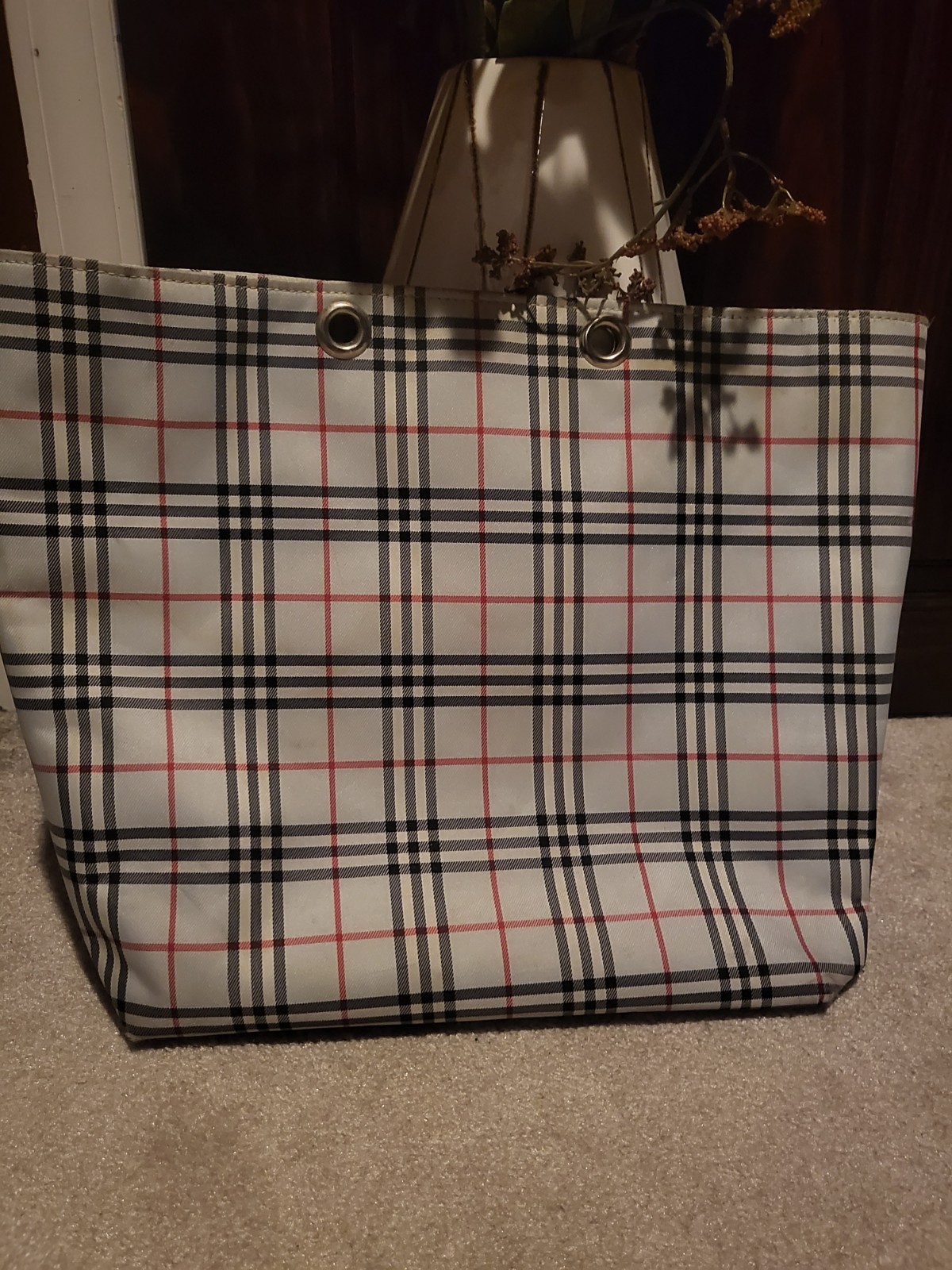 Burberry Blue Label Tote Bag Check Plaid Canvas