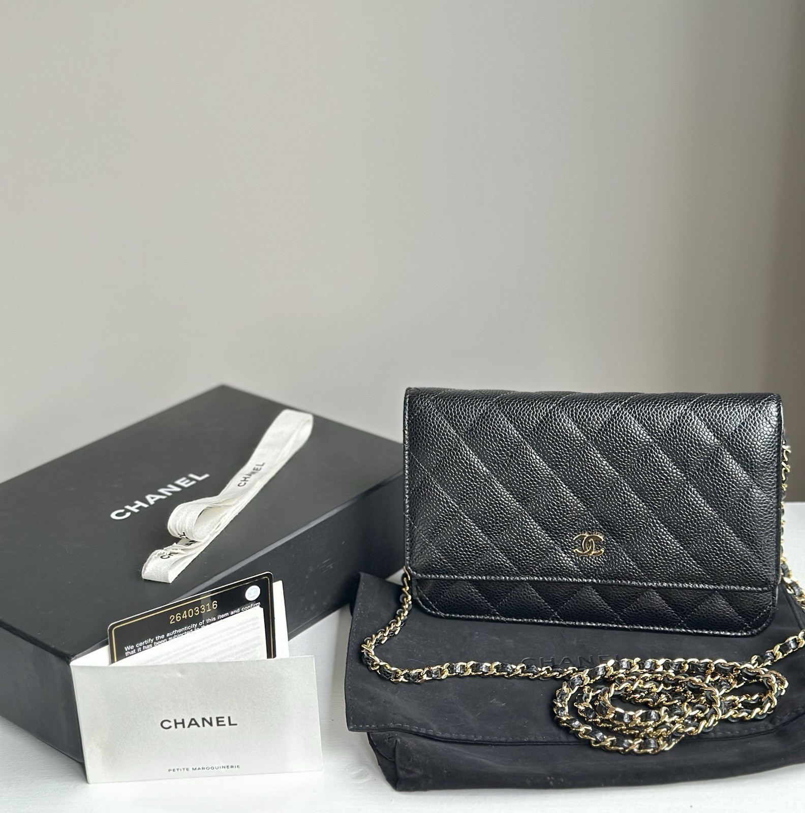 CHANEL Classic Wallet on Chain WOC Black Caviar Gold Hardware