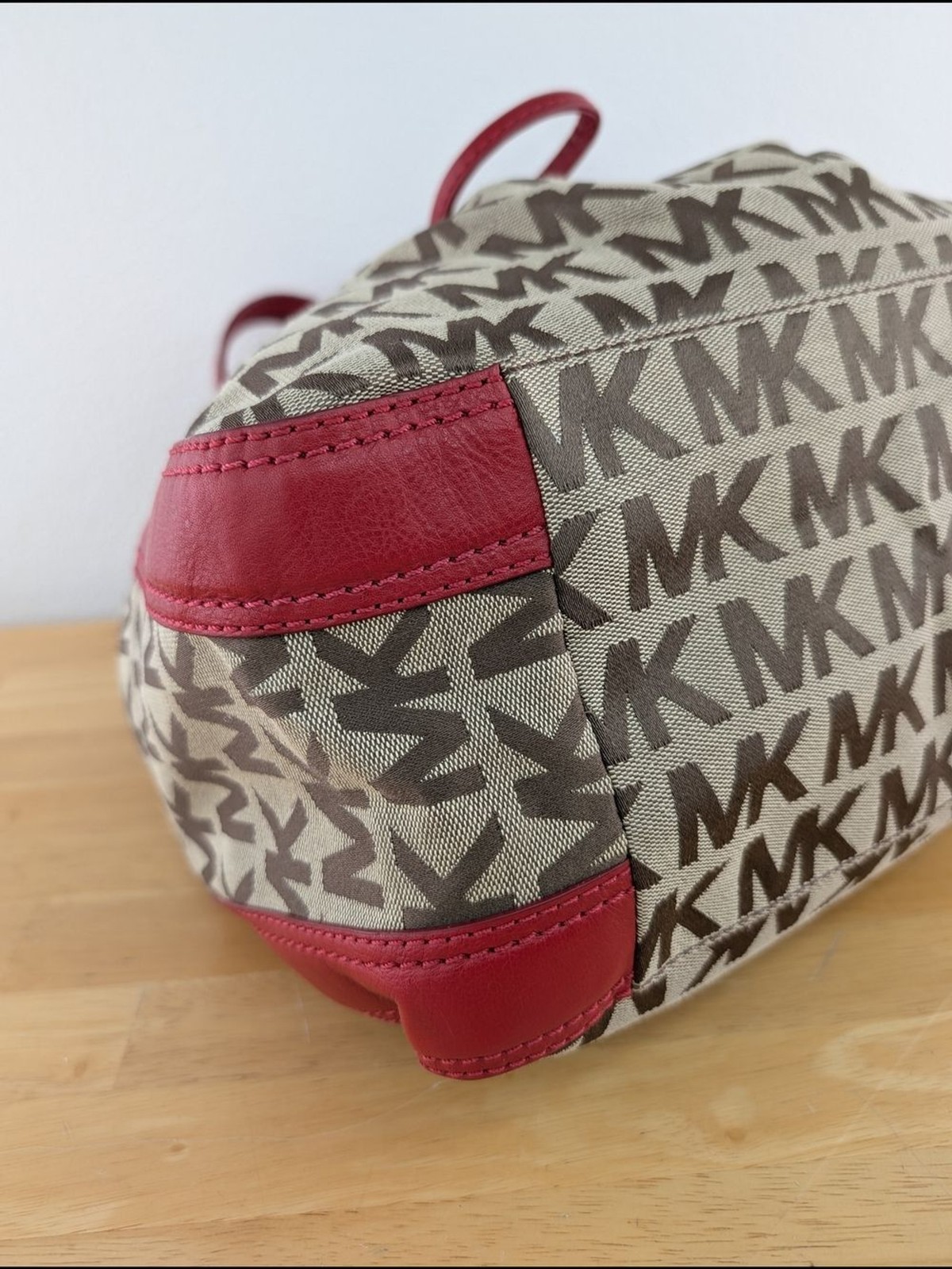 Michael Kors Ludlow Brown Red Canvas Leather Jacquard Logo Tote Shoulder Bag