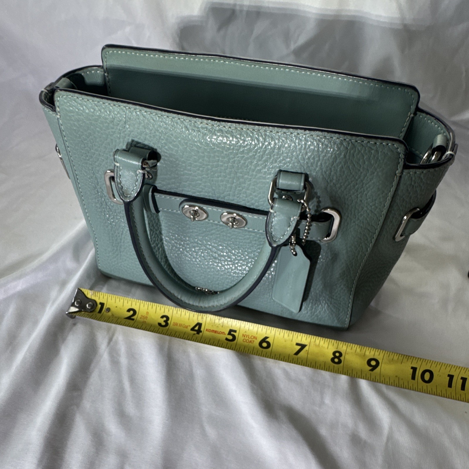 Coach Light Blue Pebbled Leather Satchel, Zip, Silver Hardware, Pockets, Studs