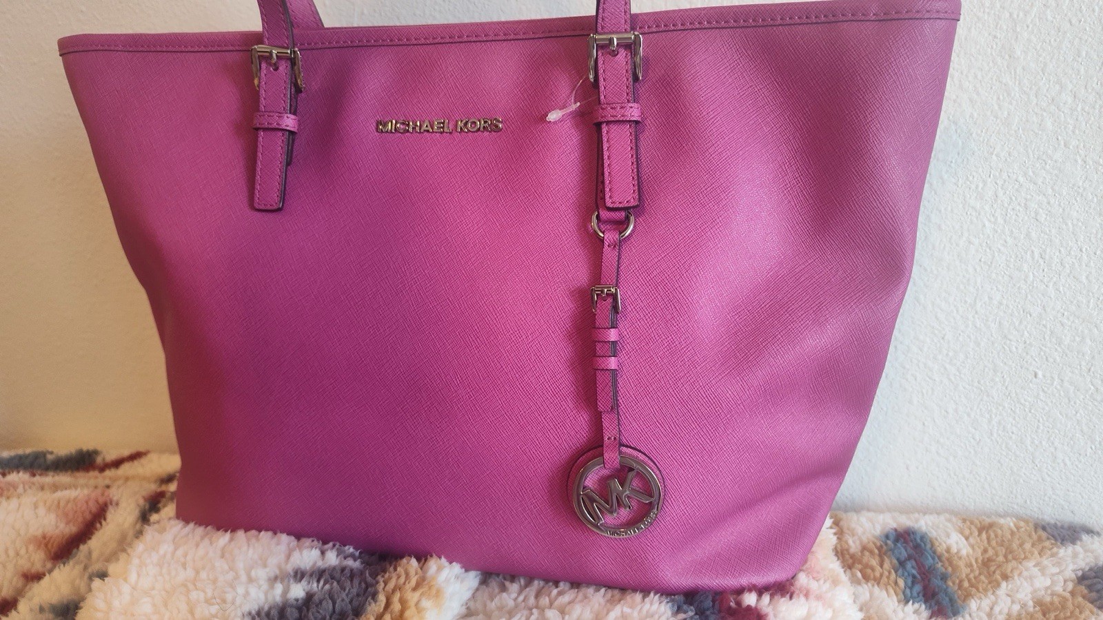 Michael Kors Large Pink Pebbled Tote Bag w/ MK Logo Charm, Silver Hardware