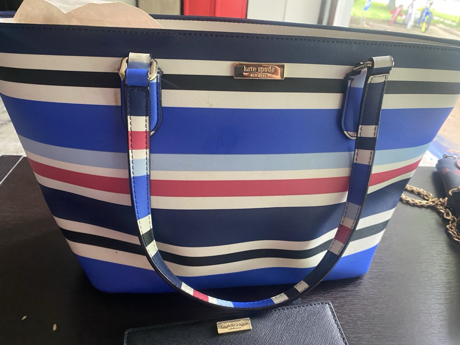 Kate Spade New York Striped Tote Blue/White/Red/Black Shoulder Strap