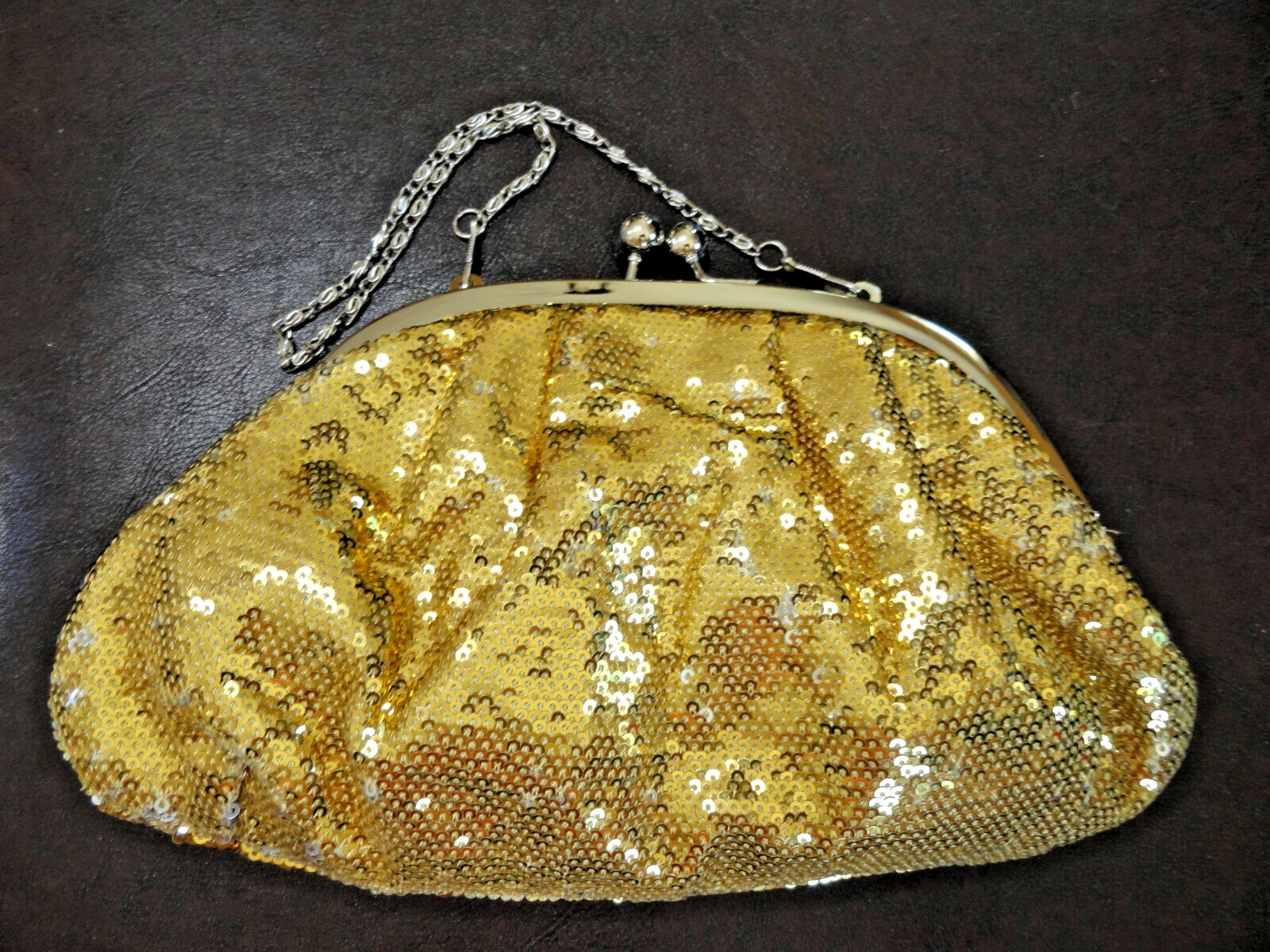 1980 J. Francis Gold Sequence silver tone hardware removeable chain clutch purs